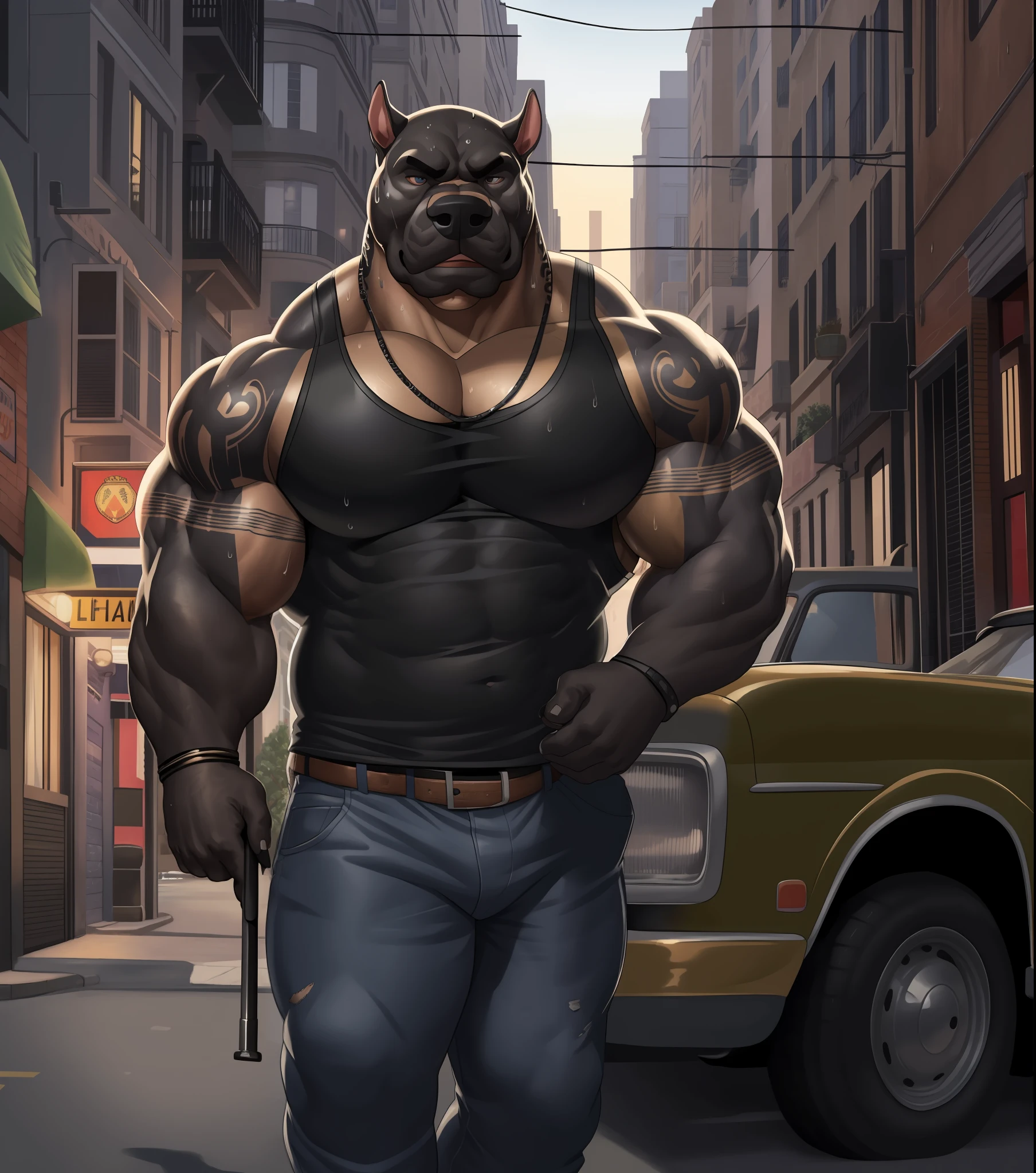 solo, anthro (Neapolitan mastiff, cane corso), full ears, brown and gray skin, detailed eyes,Street: 1.6, sweat, heavy breathing: 1.5, correct anatomy, biceps, (muscular) thin, tattoo, veins all over the body, (Normal clothing: 1.2), street background and parked antique cars, 8k hd, dark shadows