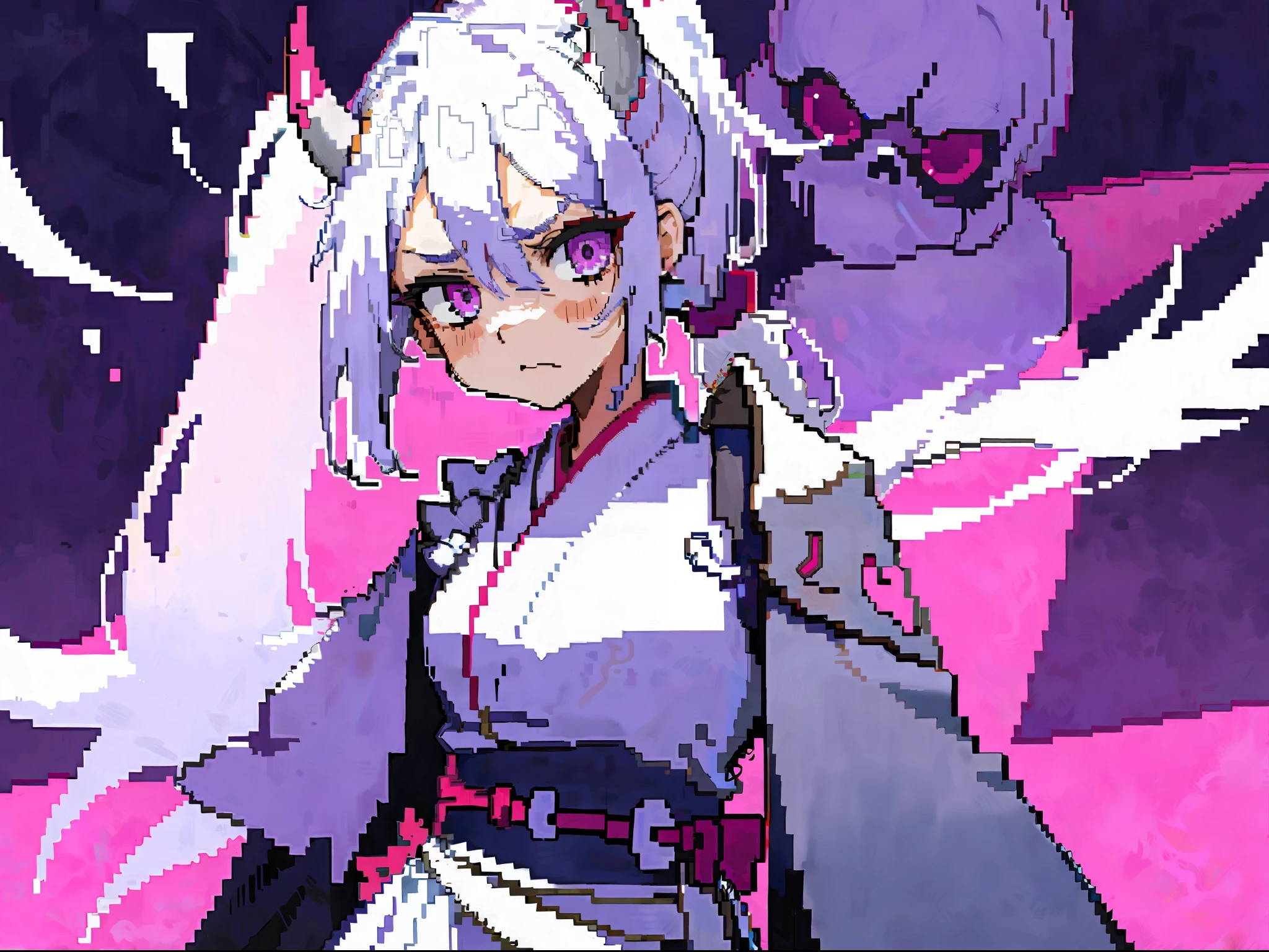 Masterpiece, high quality, HCNONE, pixel art, 1girl, white hair, ponytail, purple hakama, simple pink background, death stare, petal effect, Japanese oni horns