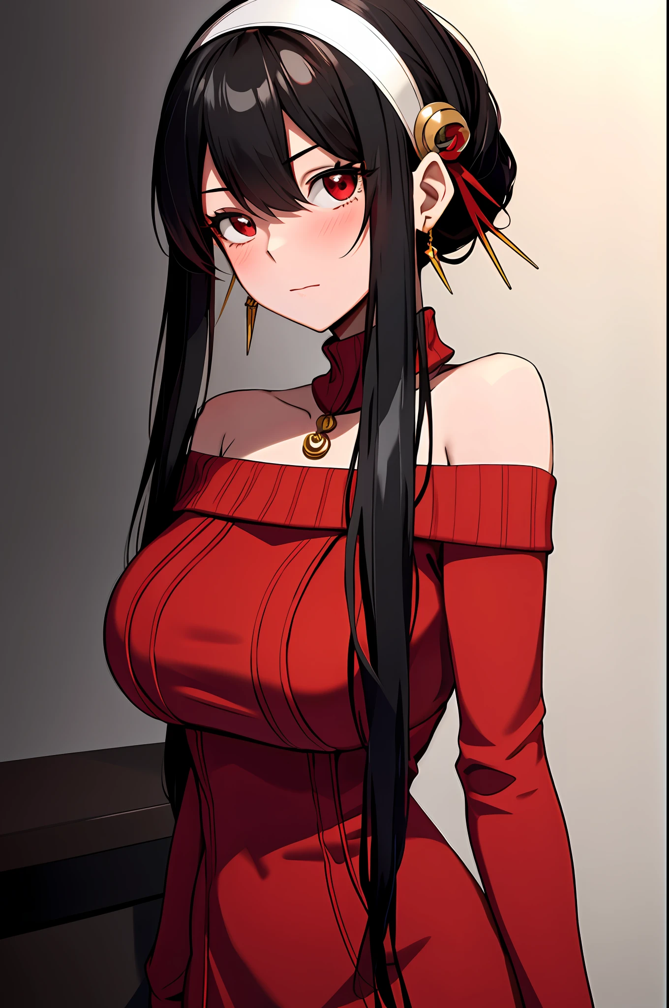 yor briar, anime style beutiful woman, 1girl, happy, red face, embarrassed, mouth closed, simple eyes, pupils, super detailed skin, bare shoulders, black background, red dress, black hair, breasts, floating hair, ((white hairband)), hairband, large breasts, long hair, looking at viewer, off-shoulder dress, off shoulder, red eyes, short hair with long locks, sidelocks, solo, (red sweater onepiece), living room, upper body, highest quality, high resolution.