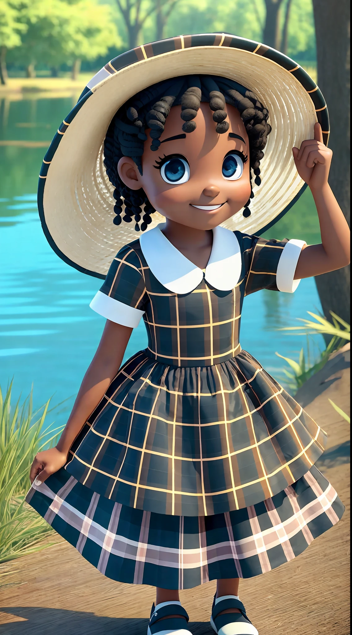 3D chibi a happy cartoon character in front of a lake, black girl, ((big fish eyes)), gentle eyes, plaid dress straw hat, from the movie, clean shot, leaves in the wind, ghailan!, as a pixar character, cute child, afro-afrcana, ((full body)))), grace and blessing, rendered in unreal, promotional image of the movie, rendered luxury image - --ar 2:3 --auto --s2