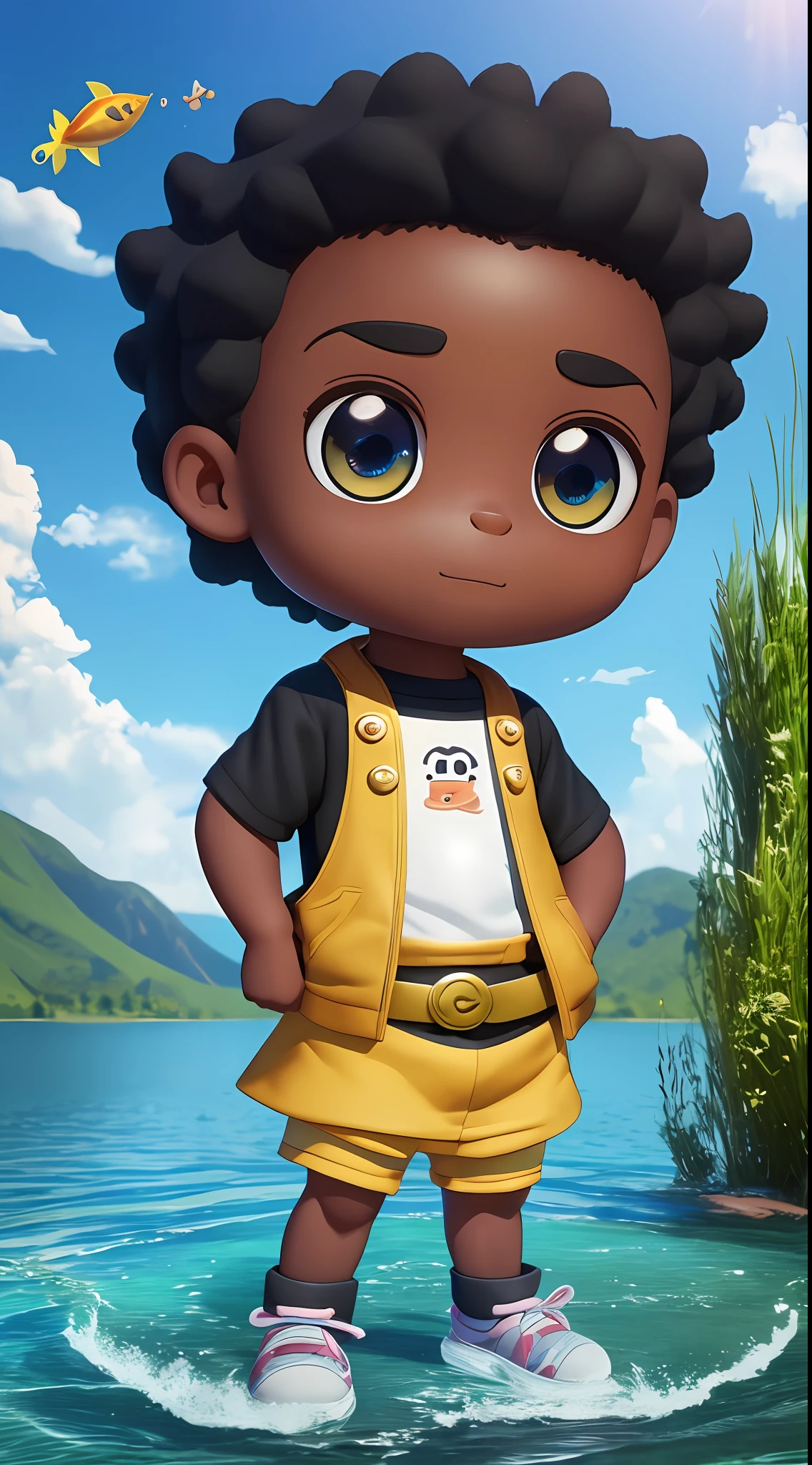 3D chibi a happy cartoon character standing in front of the lake, black boy, ((big fish eyes)), gentle eyes, movie art, clean shot, ghailan!, as a pixar character, handsome child, afro military, (((full body)))), grace and blessing, rendered in unreal, promotional image of the movie, rendered luxury image - --ar 2:3 --auto --s2