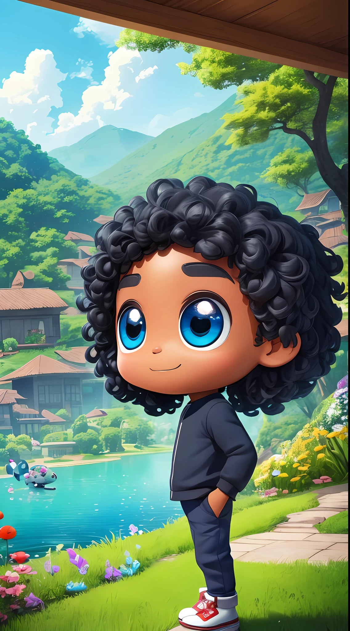 3D chibi a happy cartoon character standing in front of the lake, black boy, ((big fish eyes)), gentle eyes, movie art, clean shot, ghailan!, as a pixar character, handsome child, afro military, (((full body)))), grace and blessing, rendered in unreal, promotional image of the movie, rendered luxury image - --ar 2:3 --auto --s2