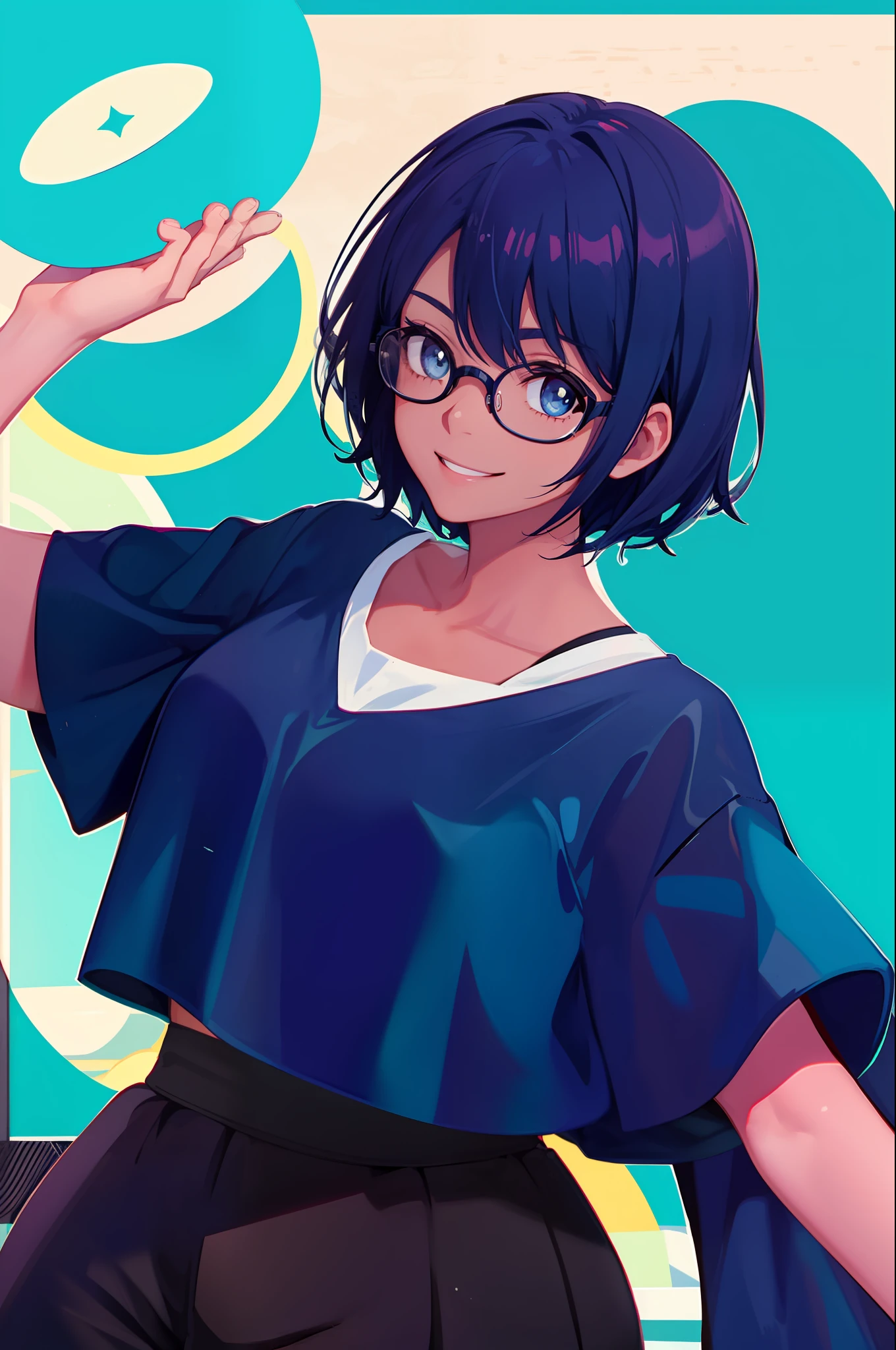 1girl, big rounded glasses, smiling, looking at the camera, short hair, dark-skinned, rounded eyes, cyan blue shirt, black shorts, close up,