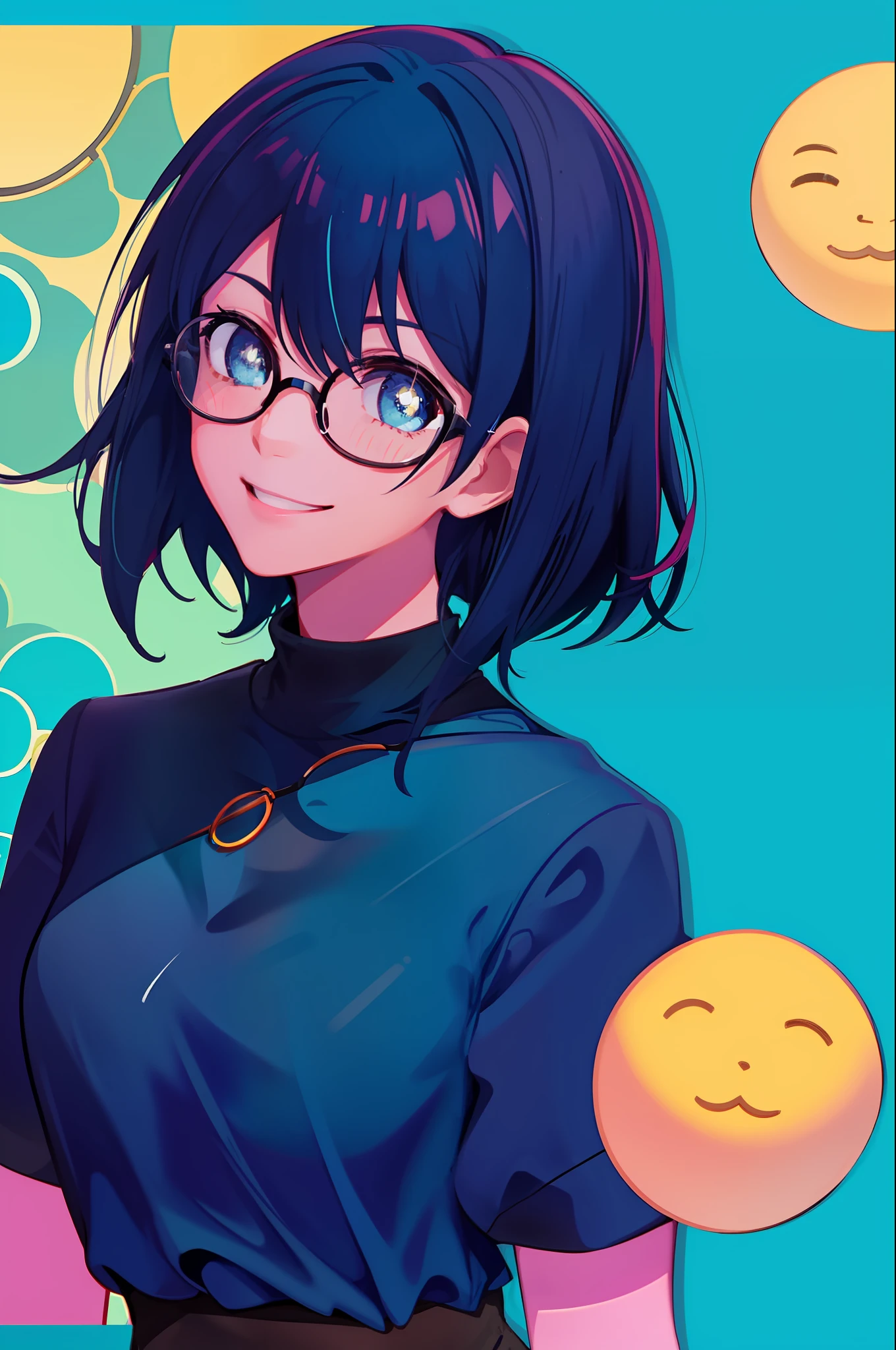 1girl, big rounded glasses, smiling, looking at the camera, short hair, dark-skinned, rounded eyes, cyan blue shirt, black shorts, close up,