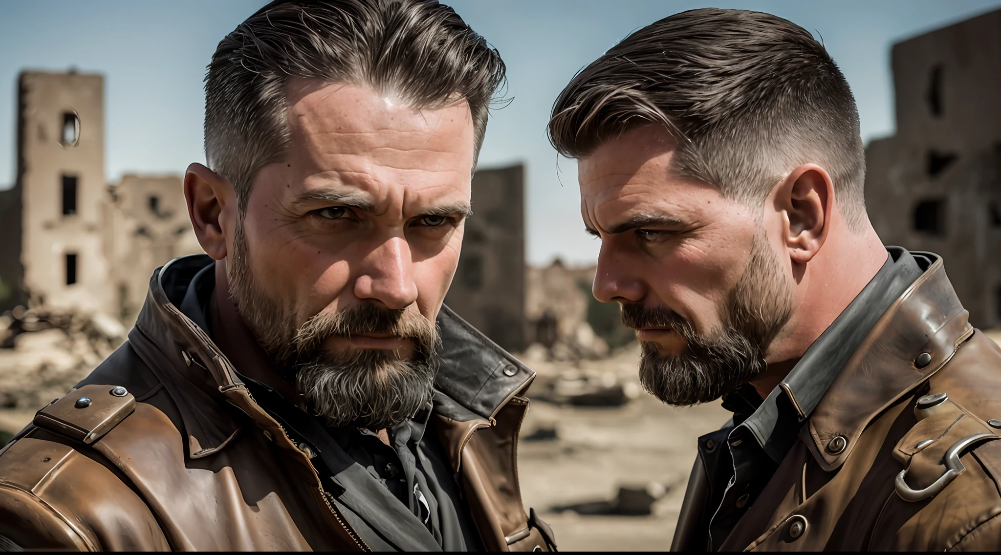 RAW photo, a rough portrait of a brutal 45-year-old man in dieselpunk clothes, long haircut, pale skin, slim body, background of city ruins (highly detailed skin: 1.2), 8k uhd, dslr, soft lighting, high quality, film grain, Fujifilm XT3, character alone in the center of the image, around prenfill with elements of the environment