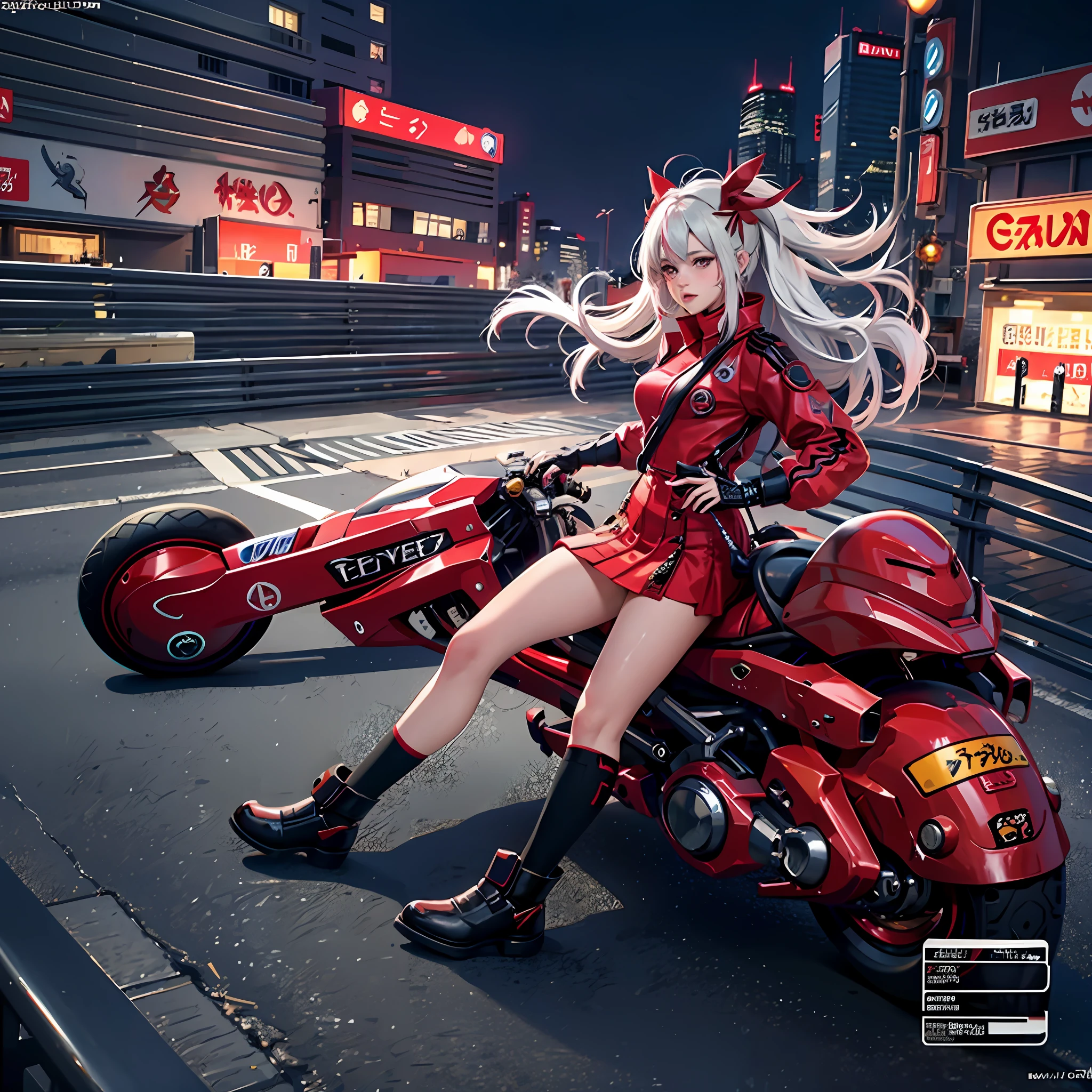 official art, unity 8k wallpaper, ultra detailed, beautiful and aesthetic, masterpiece, best quality, realistic, horns, blush, long hair, white hair, streaked hair, red eyes, hair bow, mole under eye, red akirabike, riding bike, night, cyberpunk city view, epic screen, school uniform,