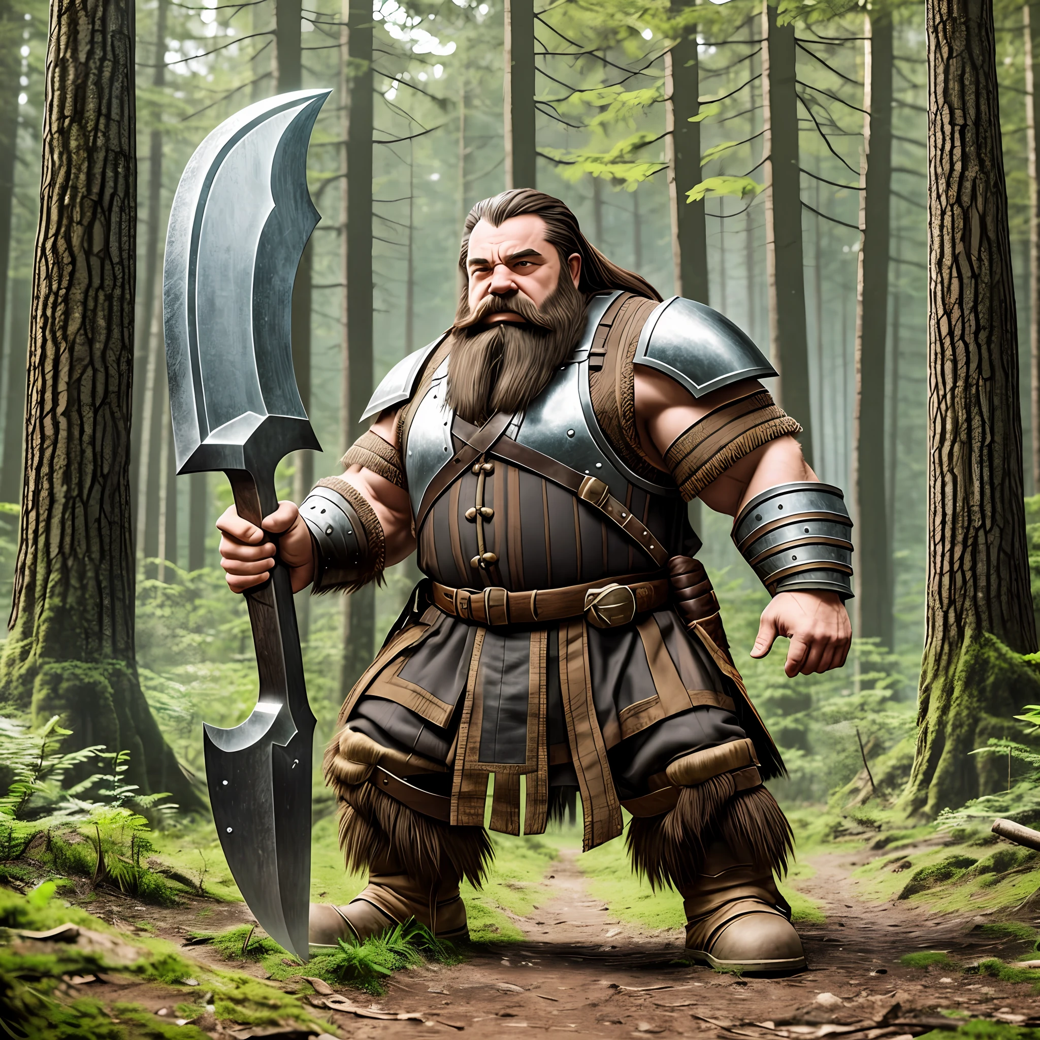 dwarf man, big beard, with muscles, heavy armor, holding a heavy axe, in a forest, 8k ultra realistic --auto --s2