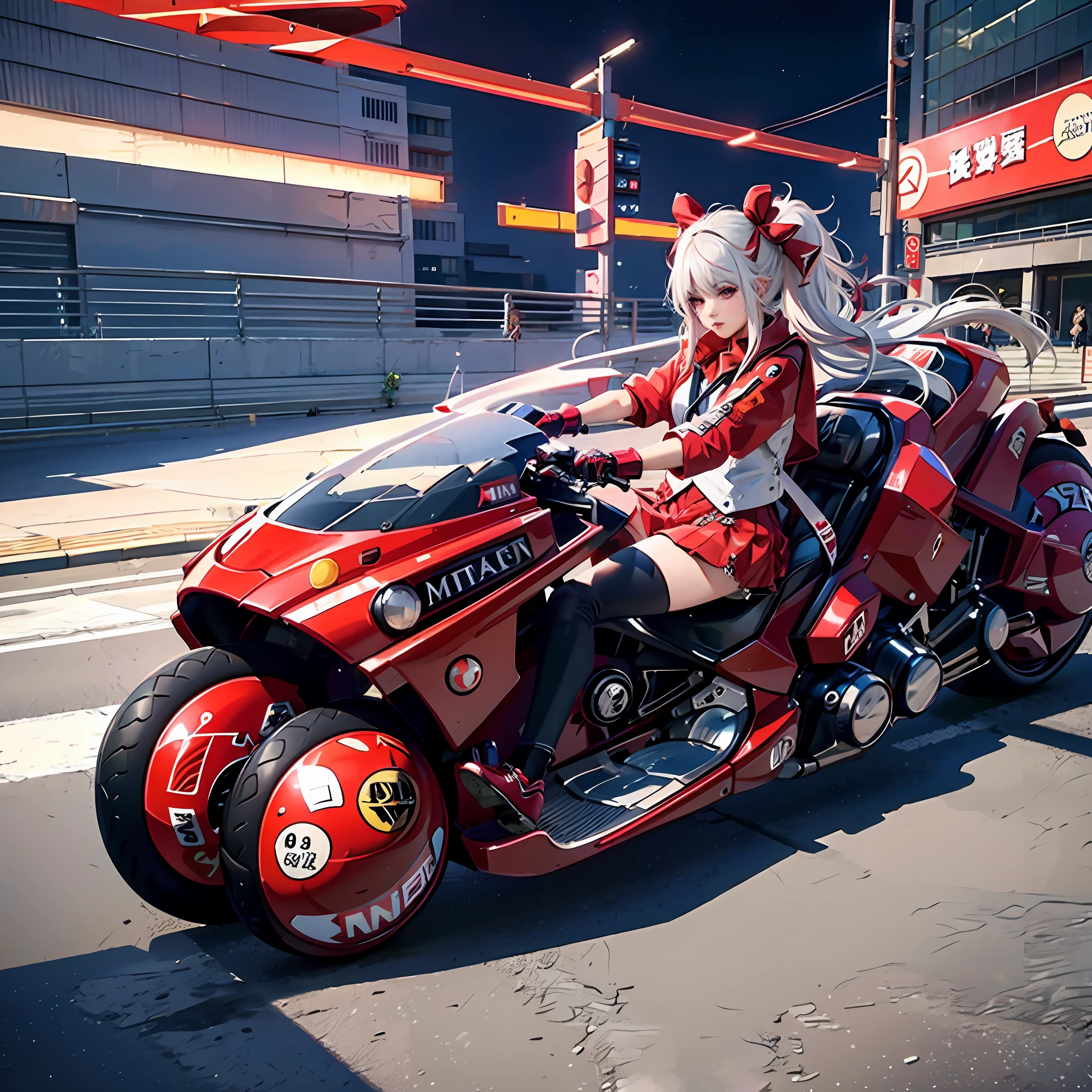 official art, unity 8k wallpaper, ultra detailed, beautiful and aesthetic, masterpiece, best quality, realistic, horns, blush, long hair, white hair, streaked hair, red eyes, hair bow, mole under eye,  red akirabike, riding bike, night, cyberpunk city view, epic screen, school uniform,