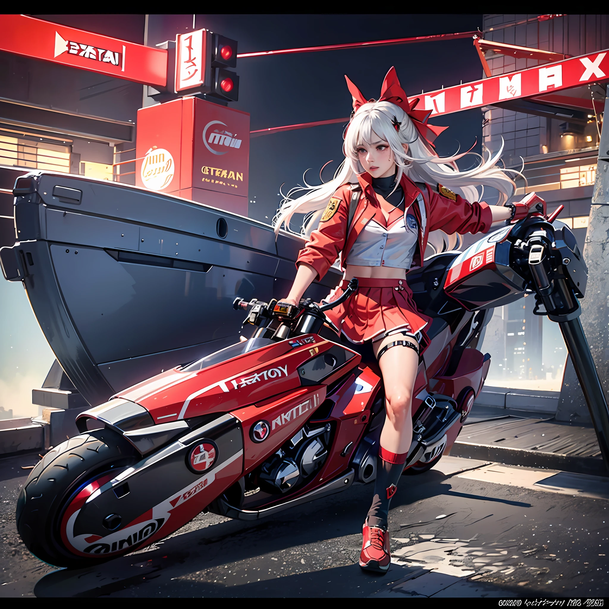 official art, unity 8k wallpaper, ultra detailed, beautiful and aesthetic, masterpiece, best quality, realistic, horns, blush, long hair, white hair, streaked hair, red eyes, hair bow, mole under eye,  red akirabike, riding bike, night, cyberpunk city view, epic screen, school uniform,