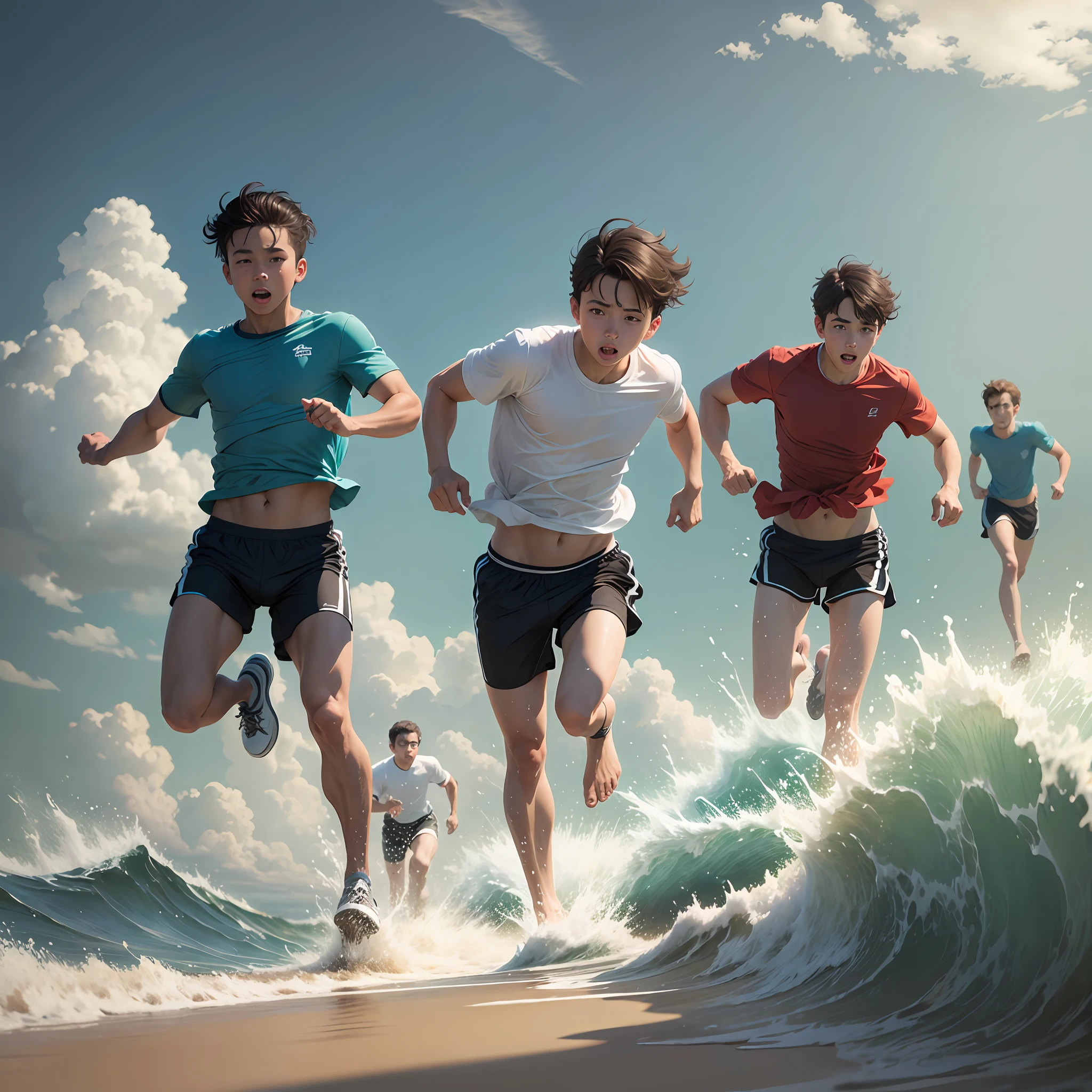 A group of boys are trying to run by the sea