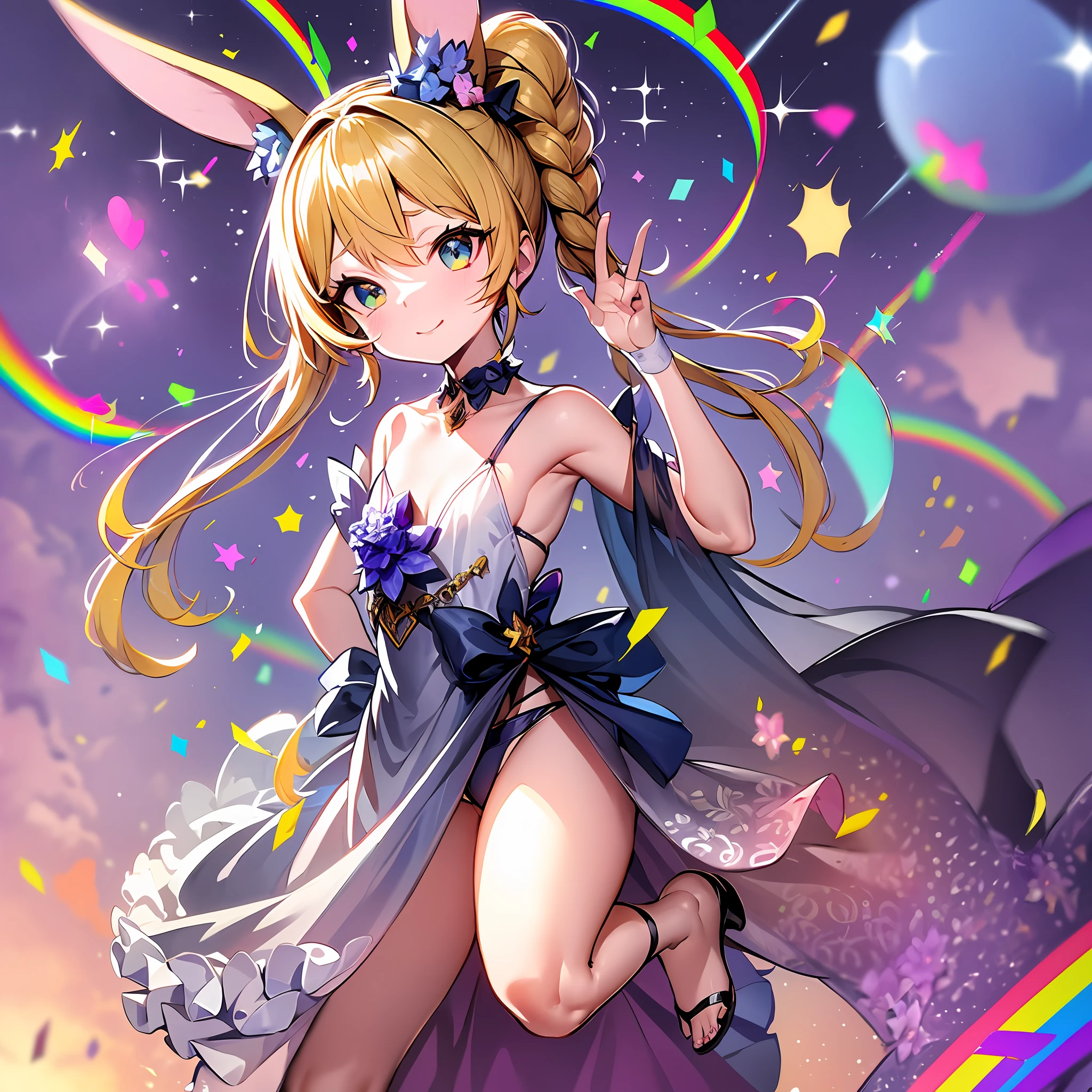 Hydrangea, rainbow, prom dress and bikini fusion, model pozu, rabbit ears, thick eyebrows, female brat, small, pigtails, beautiful blonde, braid, (masterpiece), ((highest quality)), (super detailed), full body anime girl, clean and detailed face, five fingers, textile shading, perfect human body structure, perfect anatomy, bokeh,