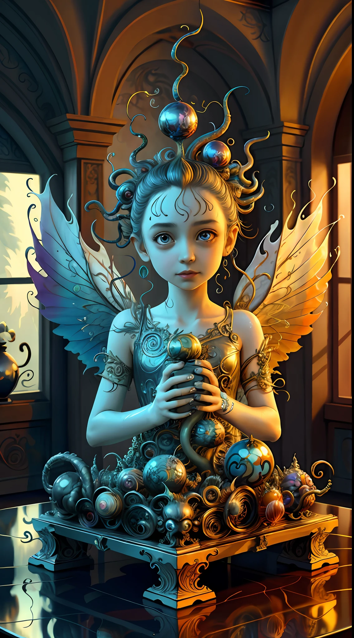 (best quality: 1.4), (masterpiece: 1.2), detailed, complex, high resolution, iridescent colors, A charming and fascinating creature with otherworldly forms that blend the best aspects of the monster human form and the innocent charm of a precocious child, scales, wings, blue, texture, complex, gorgeous, 3D, highly detailed, decorative style, Tim Burton, Dale Chihuly, Bruce Zheng, Cyril Rolando, H. R. Giger $plastic$ Grid: Real Lenoid afremov style, wet, fire