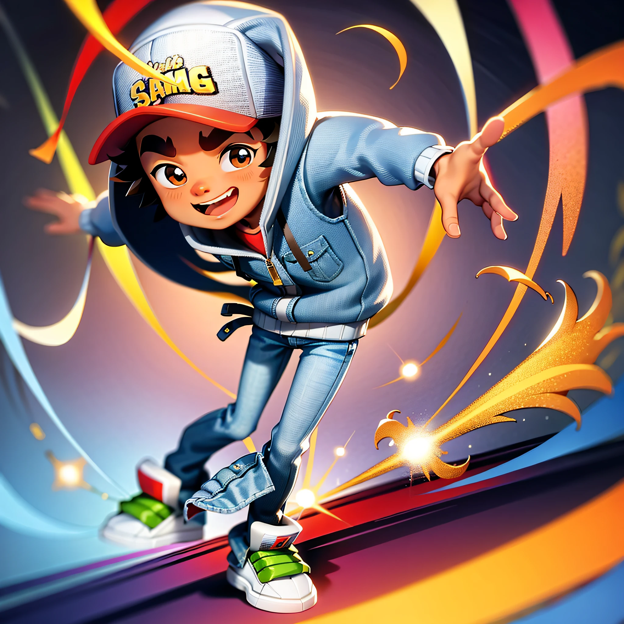 ((masterpiece, best quality)),(complex light), solo, full body,1happy black boy, jake, brown eyes, thick eyebrows, hood, rap cap, bottomless, standing, arms crossed, gradient background, baggy jeans