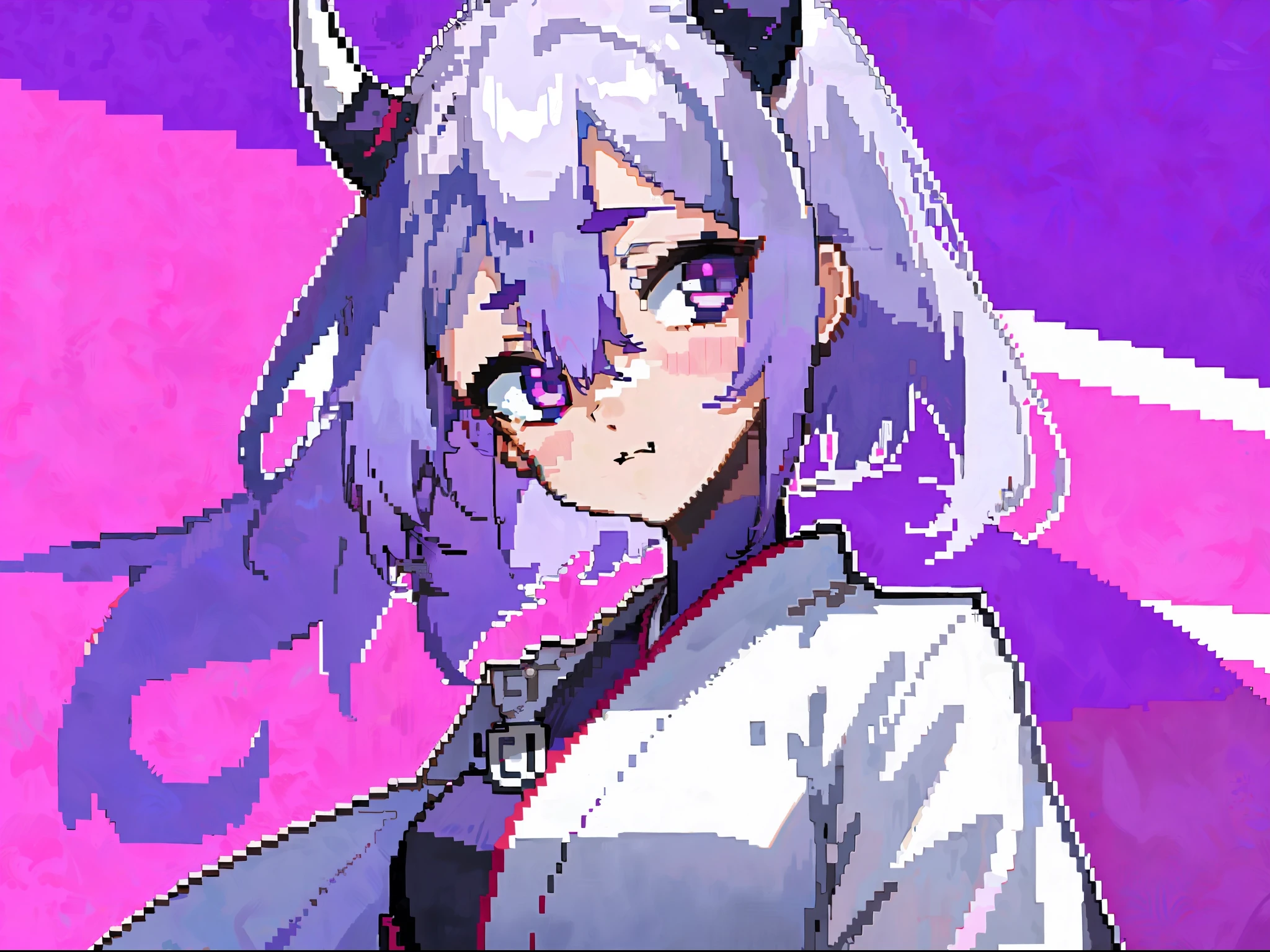 Masterpiece, high quality, HCNONE, pixel art, 1girl, white hair, ponytail, purple hakama, simple pink background, shiny hair, one side up, short hair, hair between eyes, silver hair, japanese oni horns, head tilt
