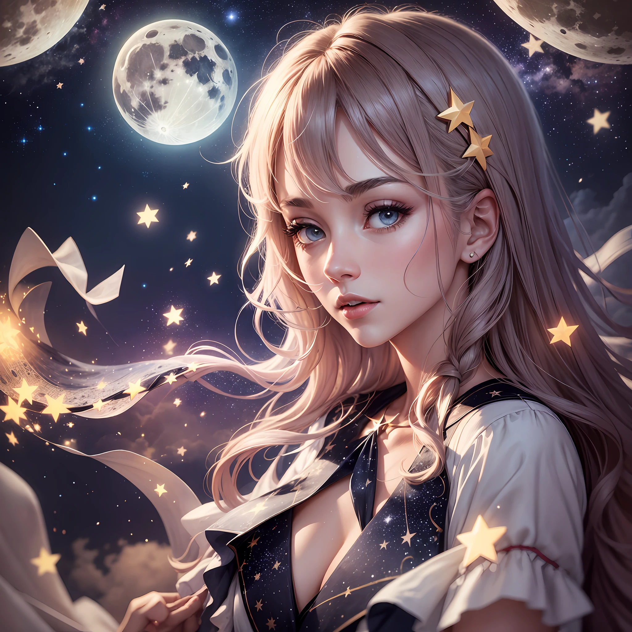 There are many stars in the sky, and the moon flashes in the sky