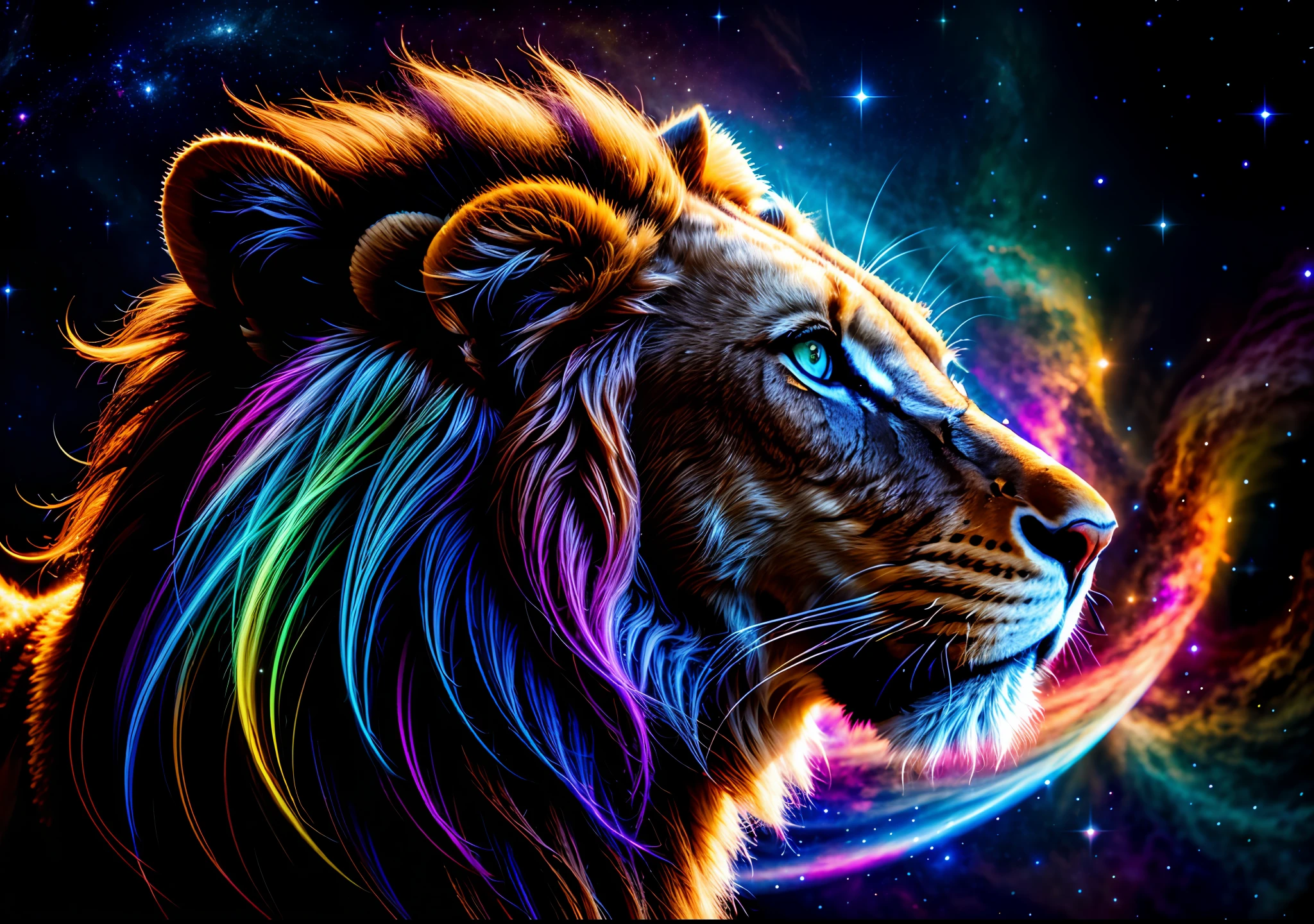 a photograph Galaxies, spirals, space, nebulae, stars, smoke, iridescent, intricate detail, in the shape of a lion, octane rendering, 8k hyper realistic, realistic texture, unreal natural lighting engine, cinestill 800, (35mm lens)