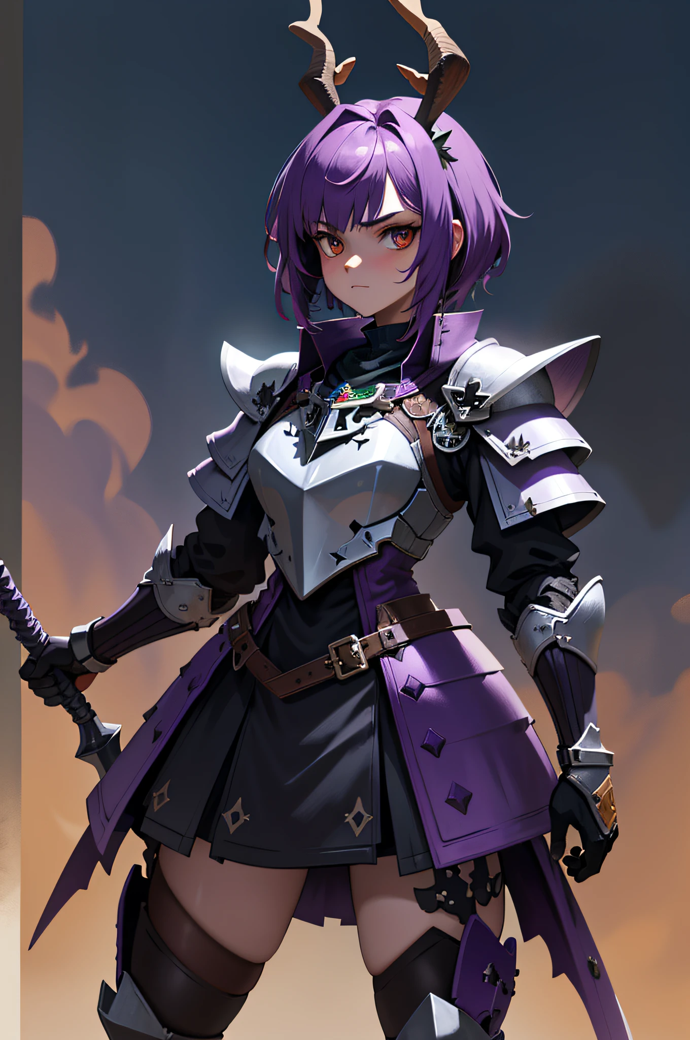 Knight Jackalope, short purple hair, jackalope antlers, dark armor(masterpiece, best quality)