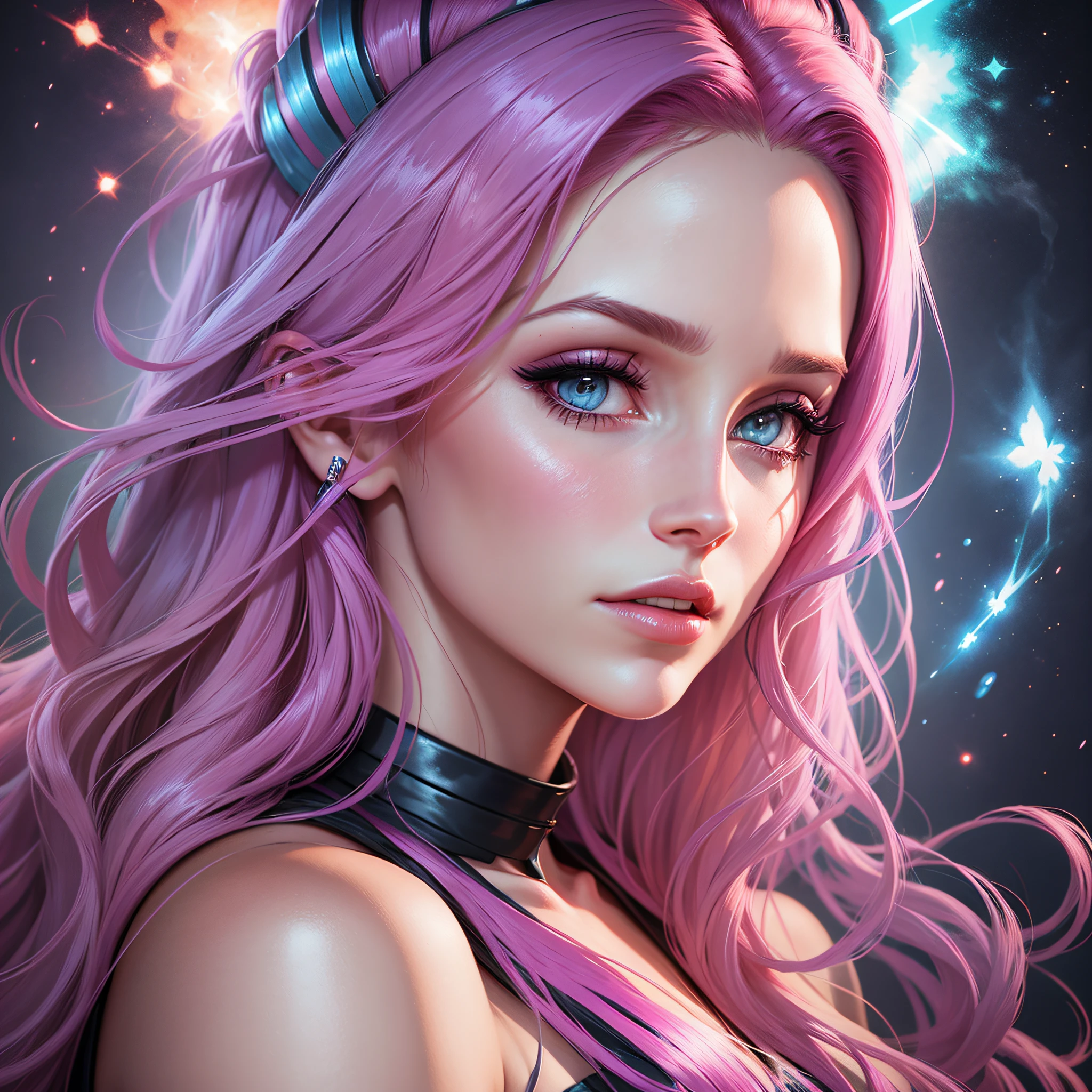 Take a realistic photo of Lana Del Rey as a Jedi and insert pink hair with dark blue locks and two white lightsabers --auto --s2