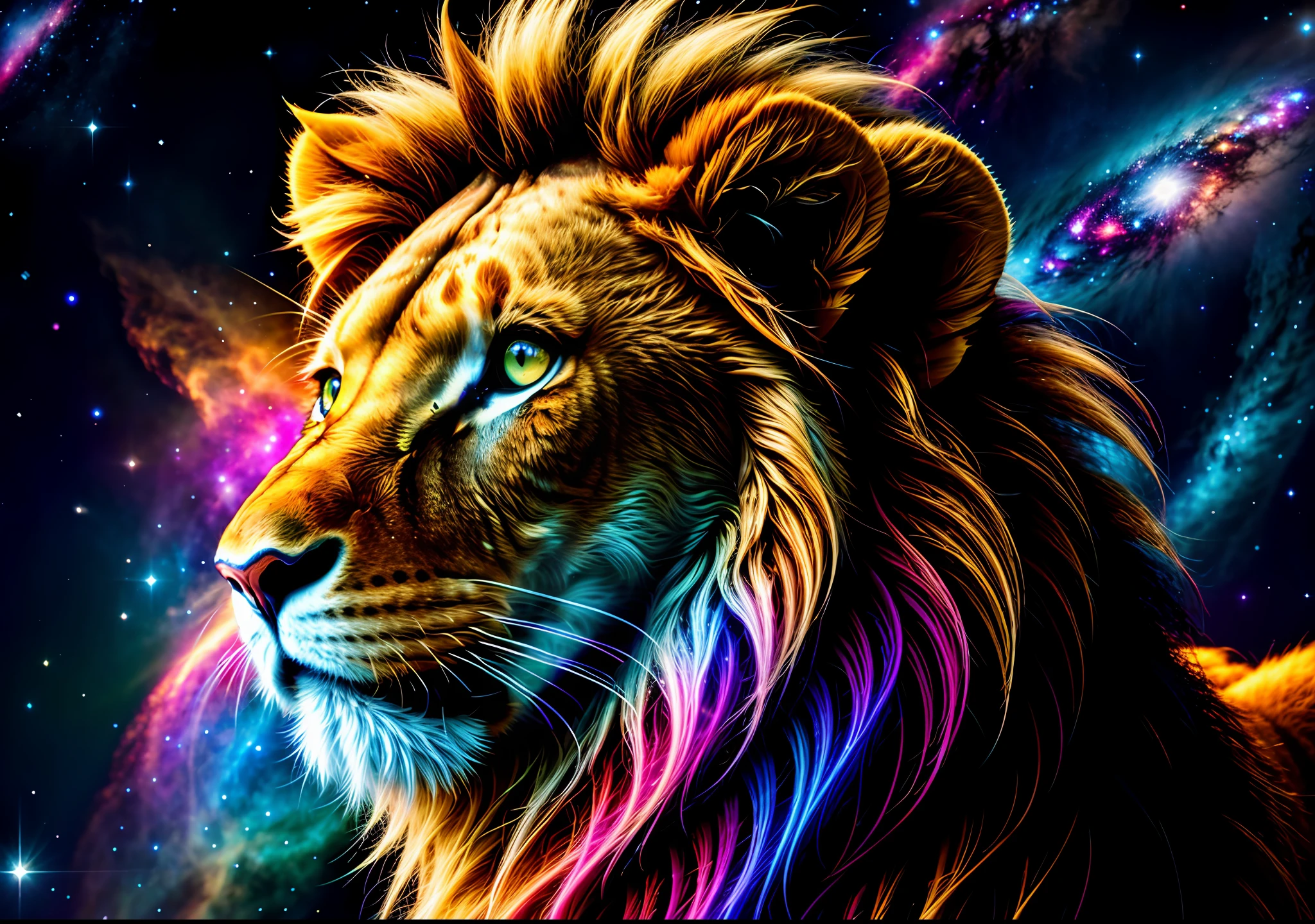 a photograph Galaxies, spirals, space, nebulae, stars, smoke, iridescent, intricate detail, in the shape of a lion, octane rendering, 8k hyper realistic, realistic texture, unreal natural lighting engine, cinestill 800, (35mm lens)