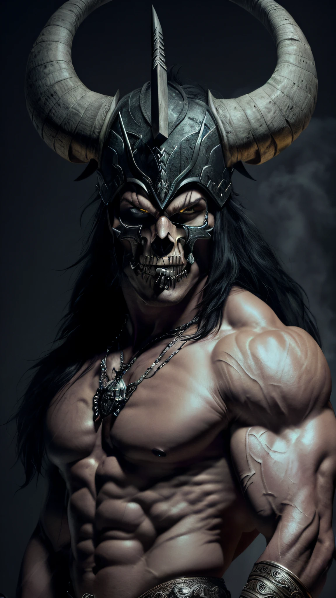Lightning strikes from the sky and strikes a full body muscular warrior, expressive pose, like Conan the barbarian, a 3/4 close-up of the face, with a skull face helmet, bone material, and downward curved ram's horn and forward, the human eyes, the bottom of the helmet has no jaw showing only part of the character's mouth.