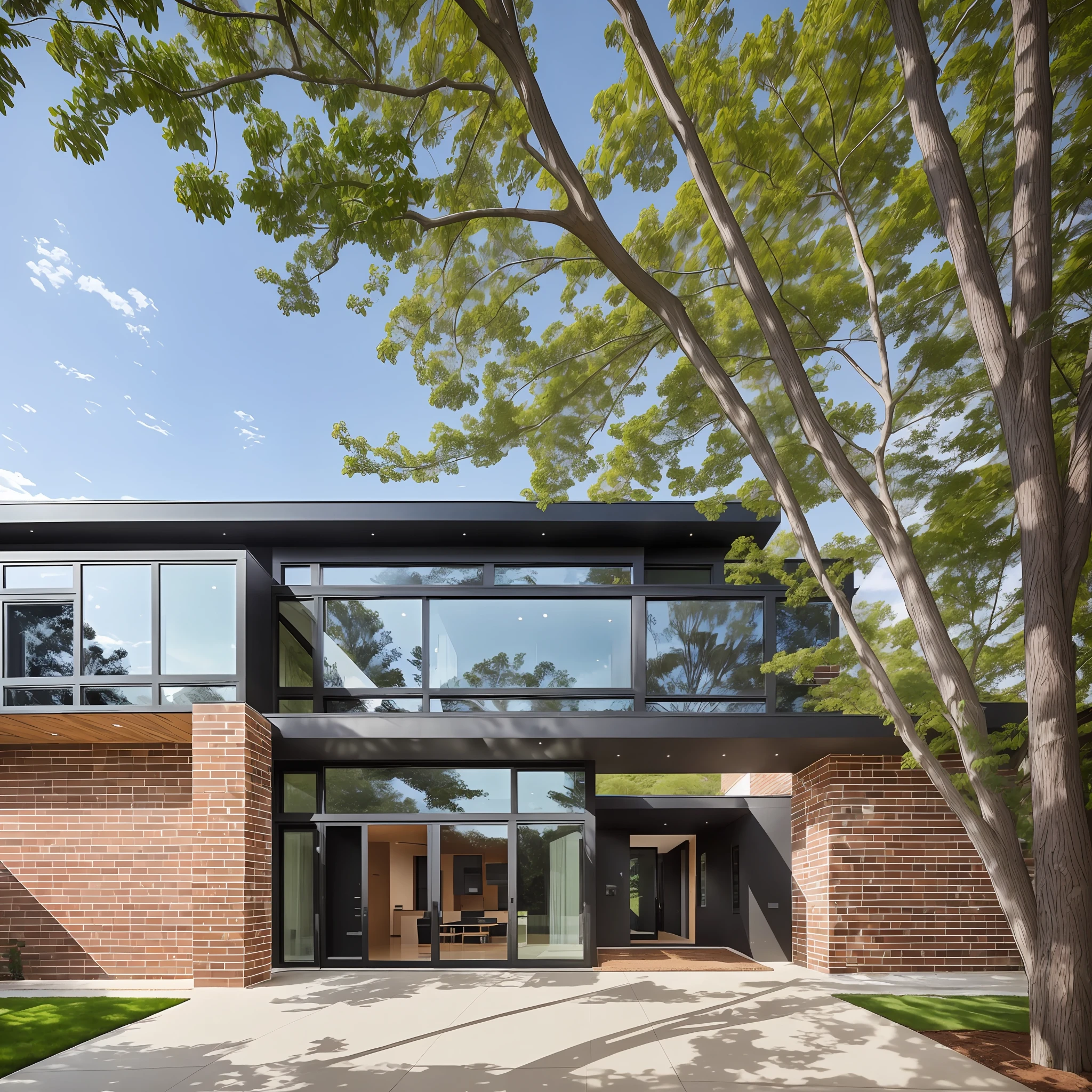 a view of a modern house with a brick exterior and a large tree, modern house made of tree, award-winning modern design, modern brick house, exposed brick walls, passive house, brick house, black aluminum doors, minimalist brick house, modern design, high quality architectural art, residential design, well-contoured fair walls,  exterior design, sustainable architecture --auto --s2