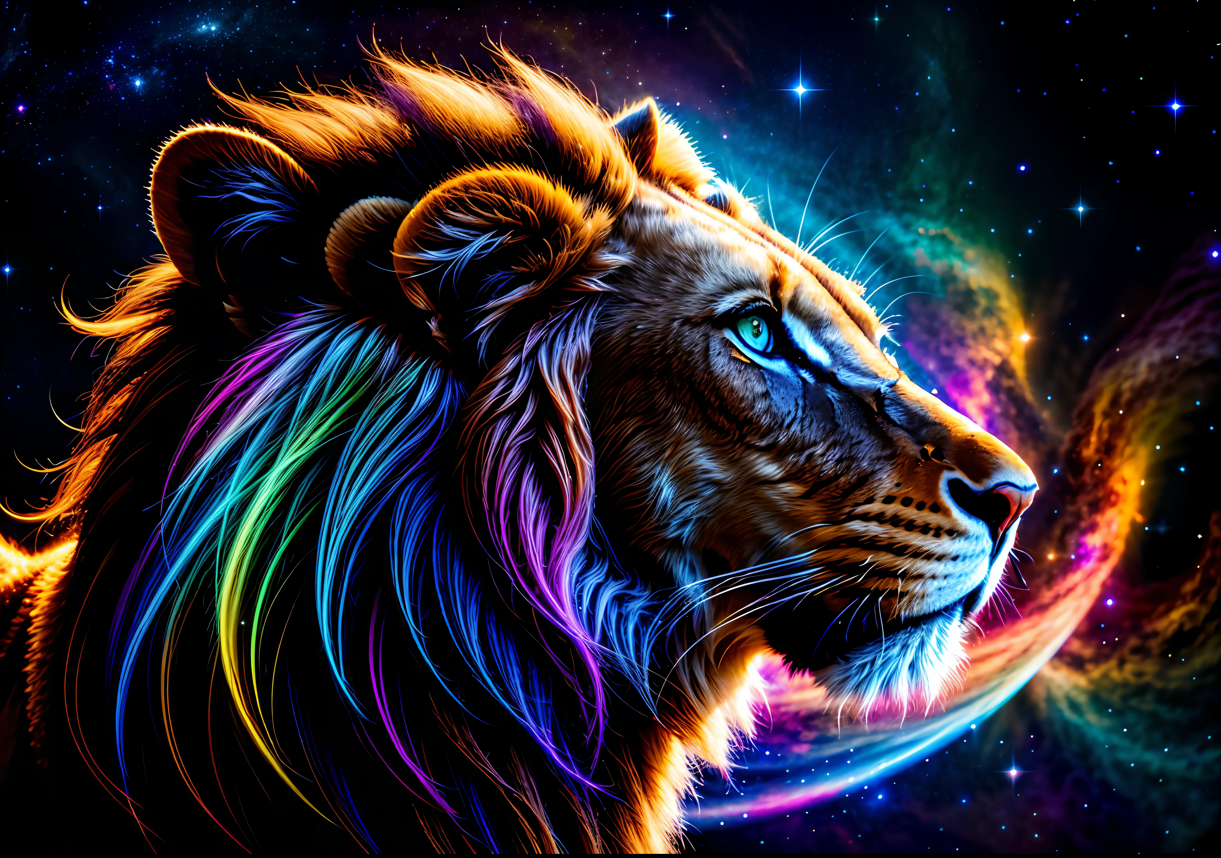 a photograph Galaxies, spirals, space, nebulae, stars, smoke, iridescent, intricate detail, in the shape of a lion, octane rendering, 8k hyper realistic, realistic texture, unreal natural lighting engine, cinestill 800, (35mm lens)