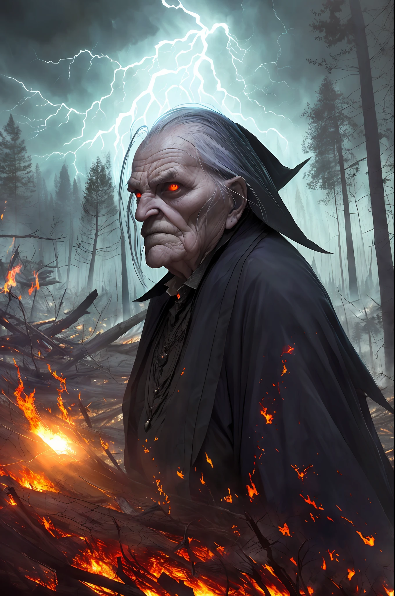 an old man (witch:1.3), (ti-slaaneshdaemonette:1.1), wrinkled face, hair blowing in the wind,(facial focus:1.2), (storm:1.2), under trees in the background burning (forest edge:1.4), looking at the viewer, realistic, masterpiece, highest quality, backlighting, (lens flare:1.1), (bloom:1.1), (chromatic aberration:1.1), by Jeremy Lipking, by Antonio J. Manzanedo