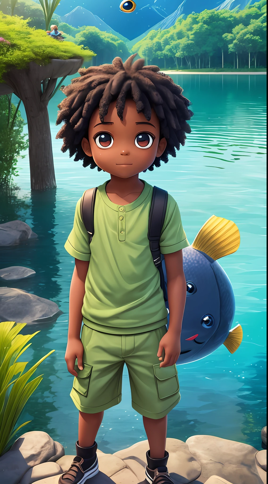 3D chibi a happy cartoon character standing in front of the lake, black boy, ((big fish eyes)), gentle eyes, movie art, clean shot, ghailan!, as a pixar character, handsome child, afro military, (((full body)))), grace and blessing, rendered in unreal, promotional image of the movie, rendered luxury image - --ar 2:3 --auto --s2