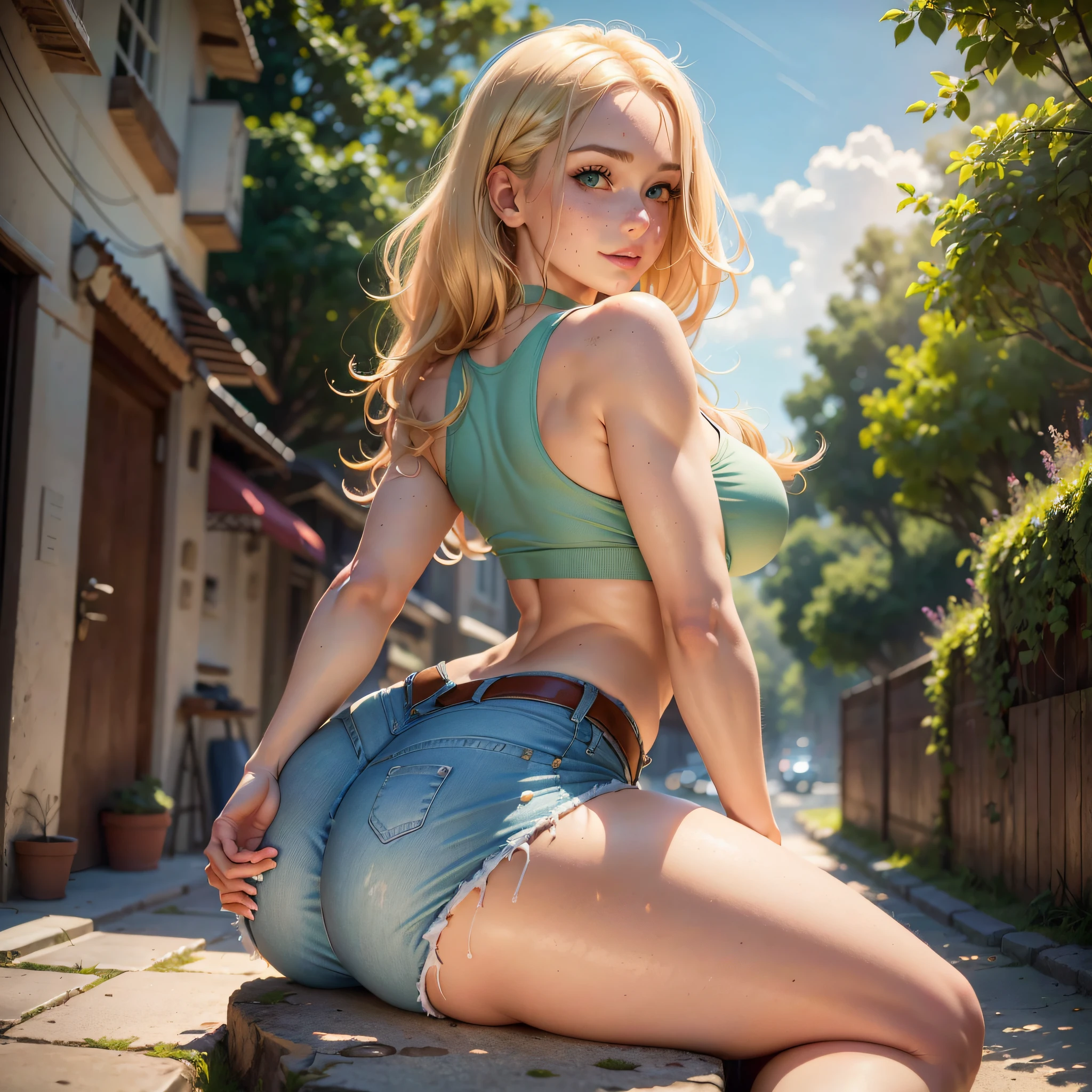 (Best quality, 4k, Masterpiece :1.3), beautiful woman, hyper realistic, 1girl, (droopy breasts, attractive body :1.2), sit-ups :1.1, long straight light yellow hair with fringes :1.1, ultra-detailed face, detailed lips, detailed eyes, double eyelid, tight short pink bra, open neckline, hanging breasts, side pose, visible curves, on the street, light blue and tight short jean shorts, muscular turned leg, Big breasts, light green eyes, pink high heels, open sky with sun, smiling, big ass, standing on his back looking back, show more ass, hands on ass, freckles on face, freckles on ass --auto --s2