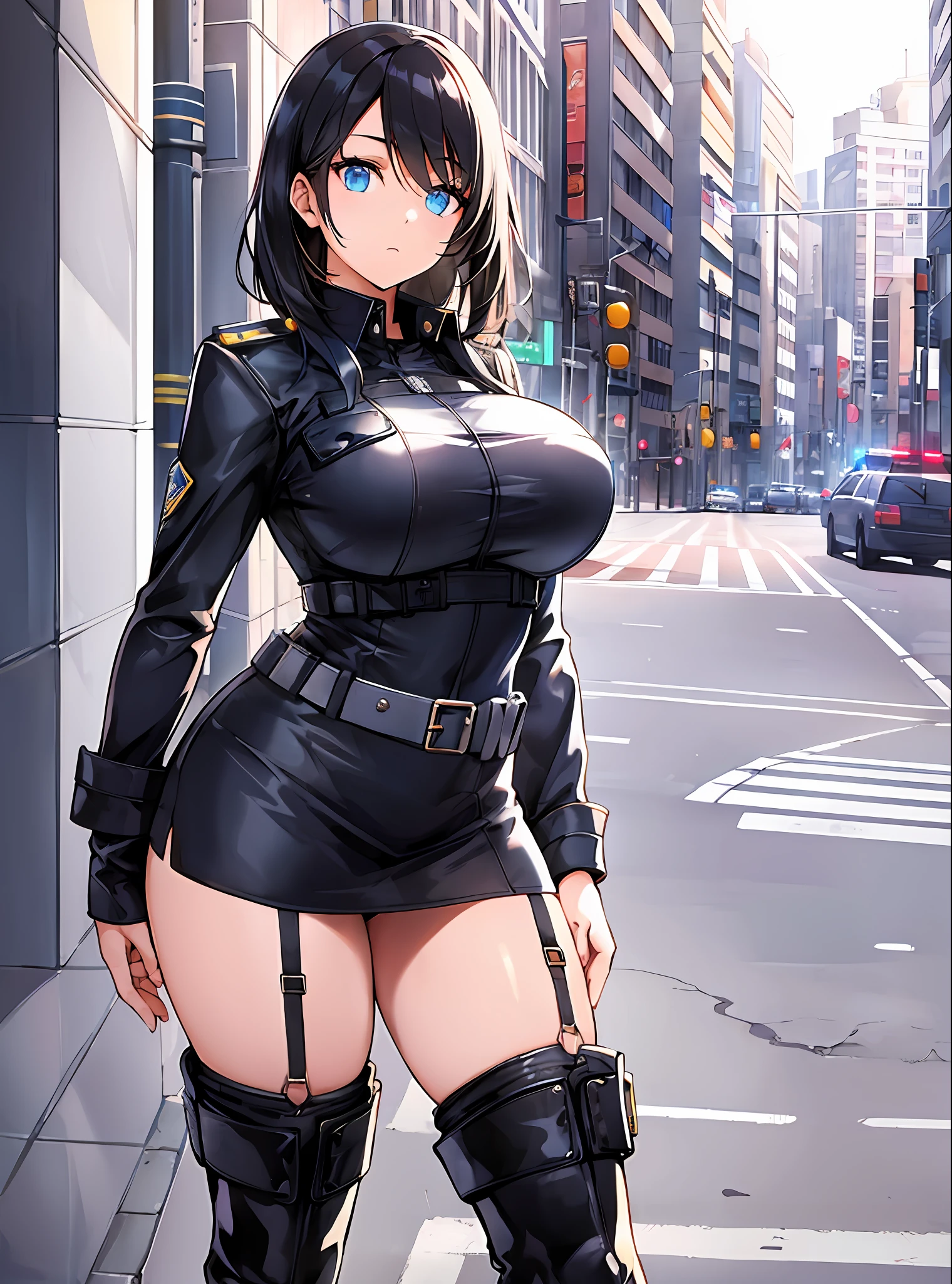 Beautiful woman in police uniform, in the back, with big bust and miniskirt, best texture, best lighting, edgy shadows, and the background is an urban landscape, deep shading, strong contrast. Enamel Long Knee High Boots