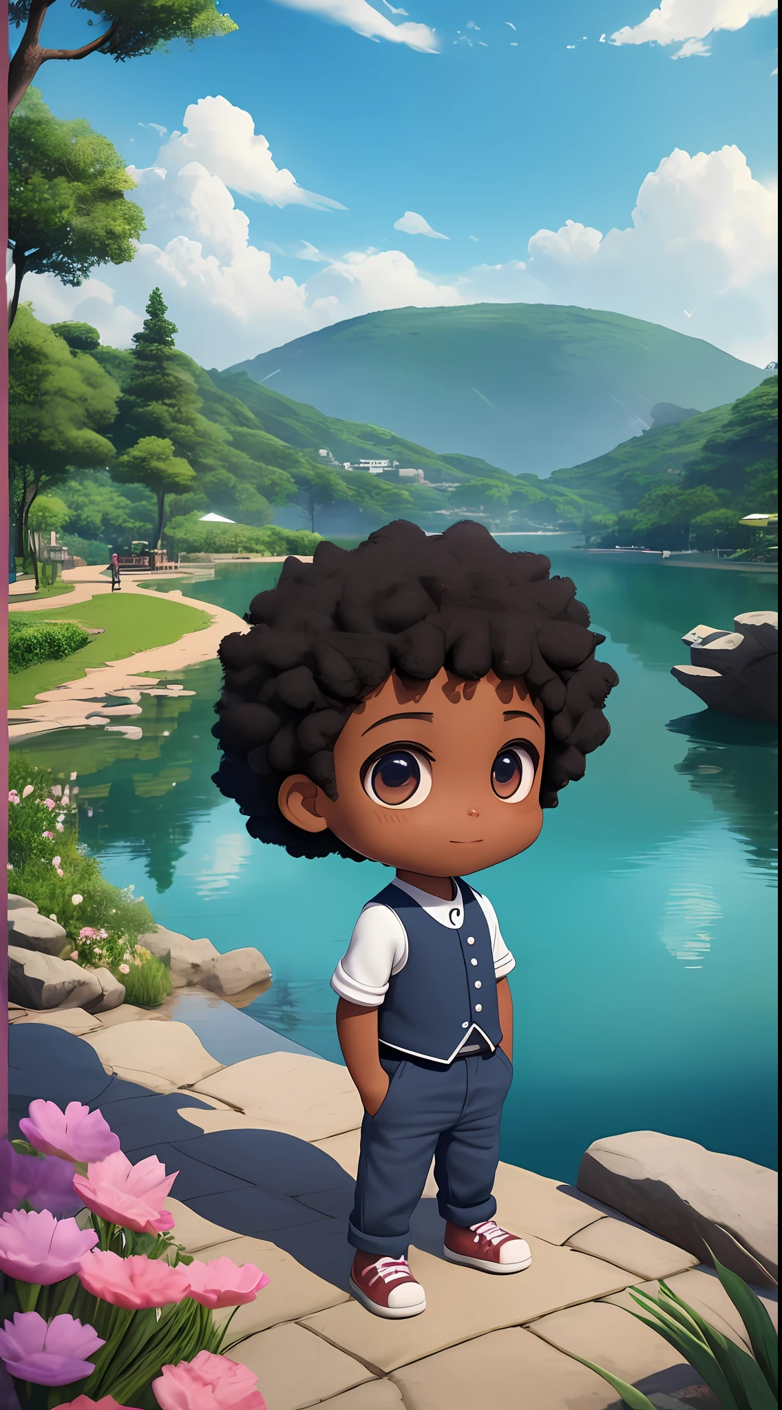3D chibi a happy cartoon character standing in front of the lake, black boy, ((big fish eyes)), gentle eyes, movie art, clean shot, ghailan!, as a pixar character, handsome child, afro military, (((full body)))), grace and blessing, rendered in unreal, promotional image of the movie, rendered luxury image - --ar 2:3 --auto --s2