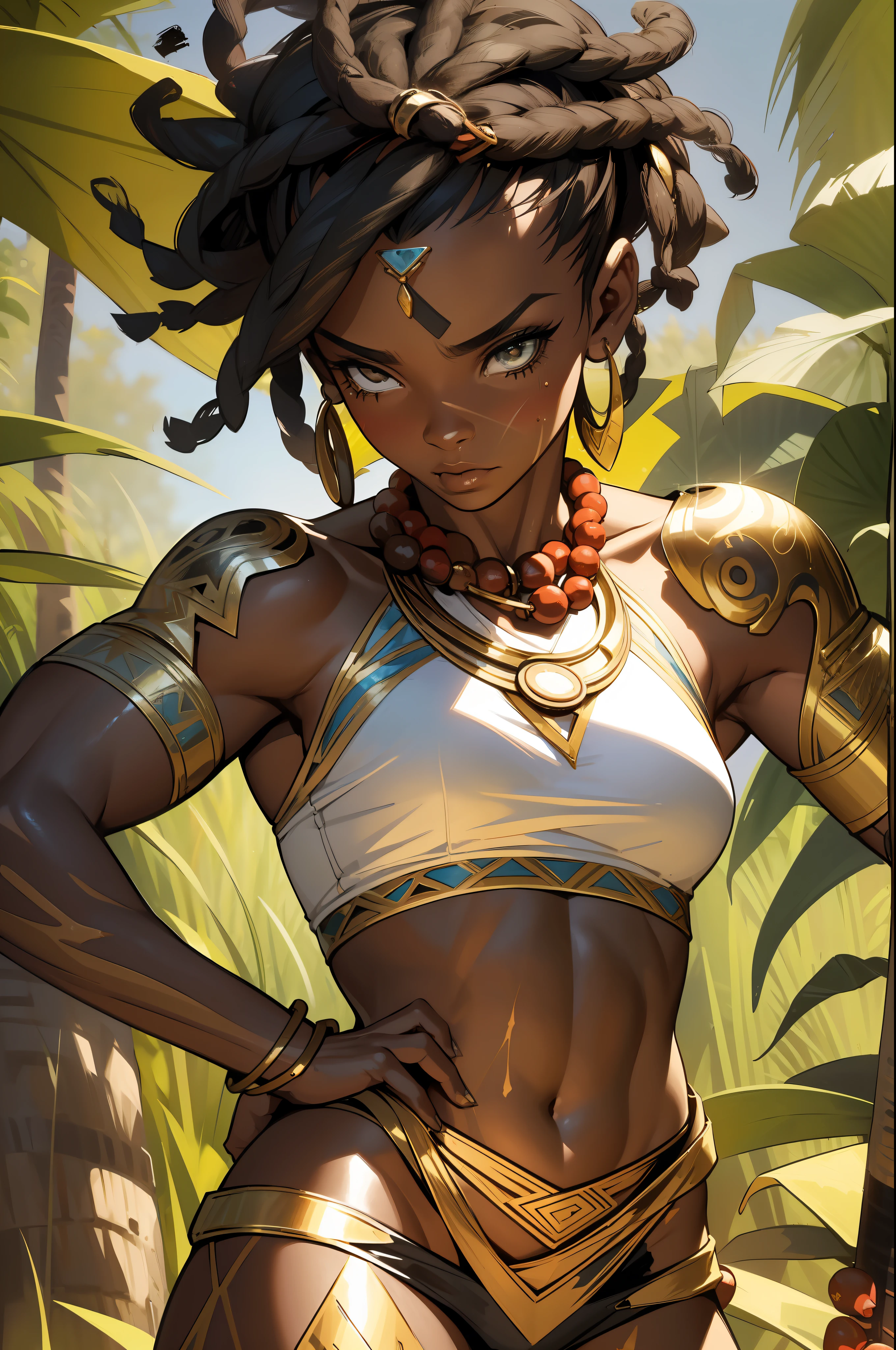 (((absurdists))), (((best quality))), (((masterpiece))), muscular 35-year-old African woman, Zulu warrior, war paintings by body, perfect and proportionate body, black-skinned savanna warrior wearing very few clothes and many necklaces and adornments by the body, tiny bikini made of African beads, holding a spear and walking through the savannah, dry vegetation, lots of heat, she is sweaty and her black skin glows under the scorching African sun