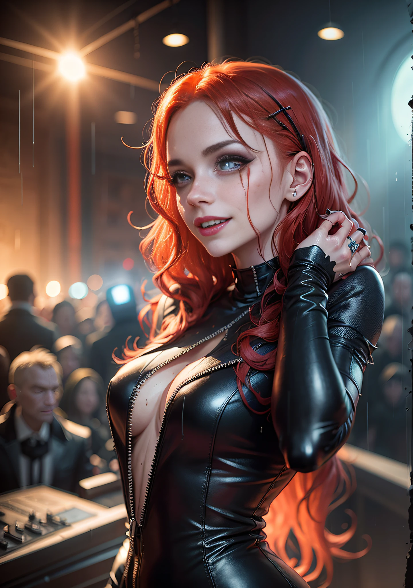 Photo of redhead DJ nun at a rave in leather clothes (soaking wet with a blood), rain, menacing, slate atmosphere, cinematic, faded colors, dark shot, woman with blood running down her face, detailed skin texture, wavy hair, fangs, bokeh background, at night, 1girl, smile, horror theme, manic smile, predatory eyes, ultra realistic, Tim Burton style,  she is in a rave inside a church, sinister, vampires in the background, Fujifilm Fujichrome Provia 100F movie, flashlight, ultra realistic, 8K UHD. --auto --s2