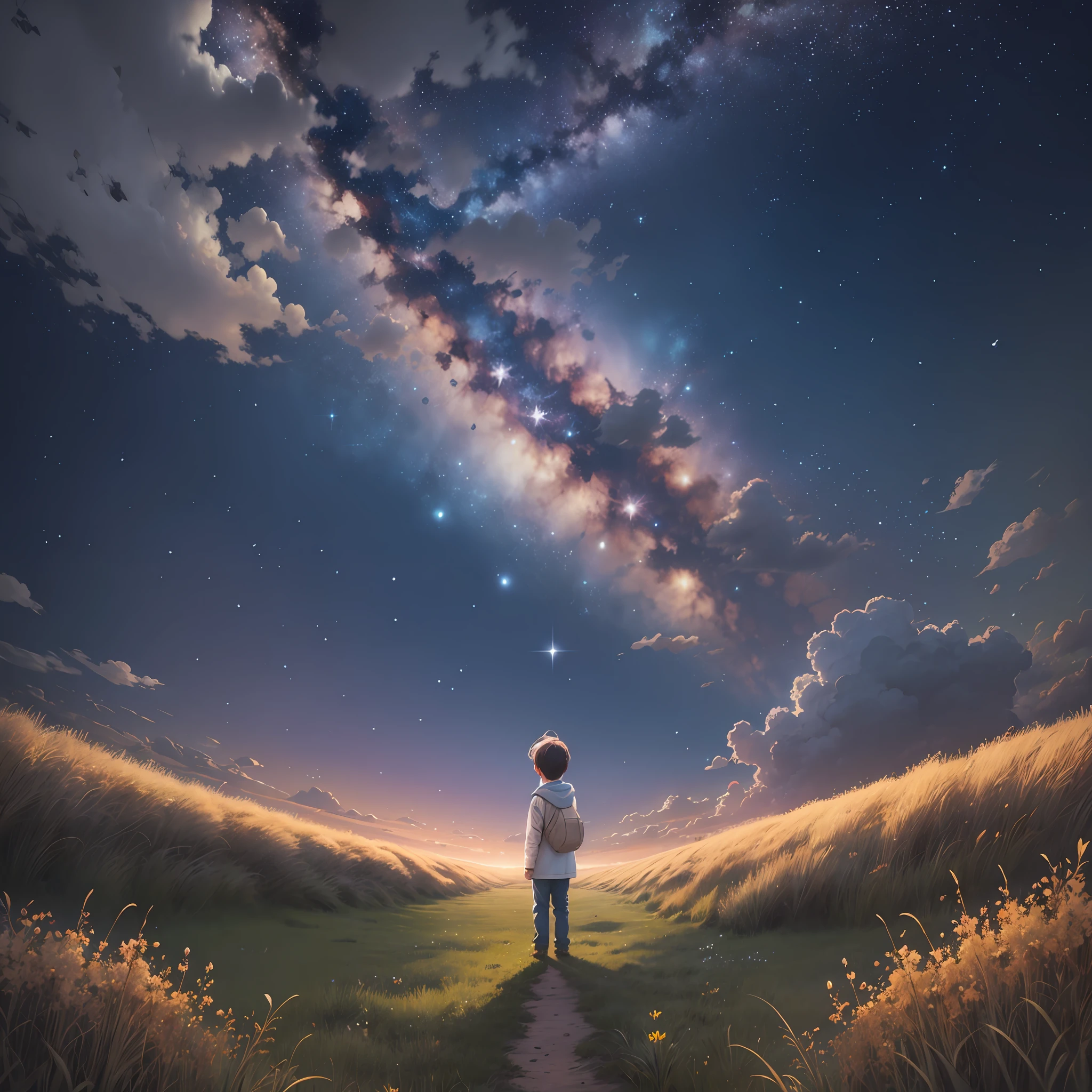 Wide grassland, sky full of stars and moon, several cute children looking up at the sky back to back