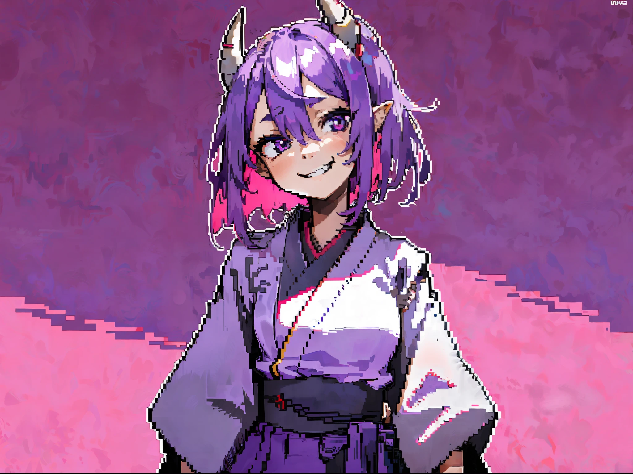 Masterpiece, high quality, HCNONE, pixel art, 1girl, purple hakama, simple pink background, shiny hair, one side up, short hair, hair between eyes, silver hair, Japanese oni horns, head tilt, deep purple eyes, evil smile