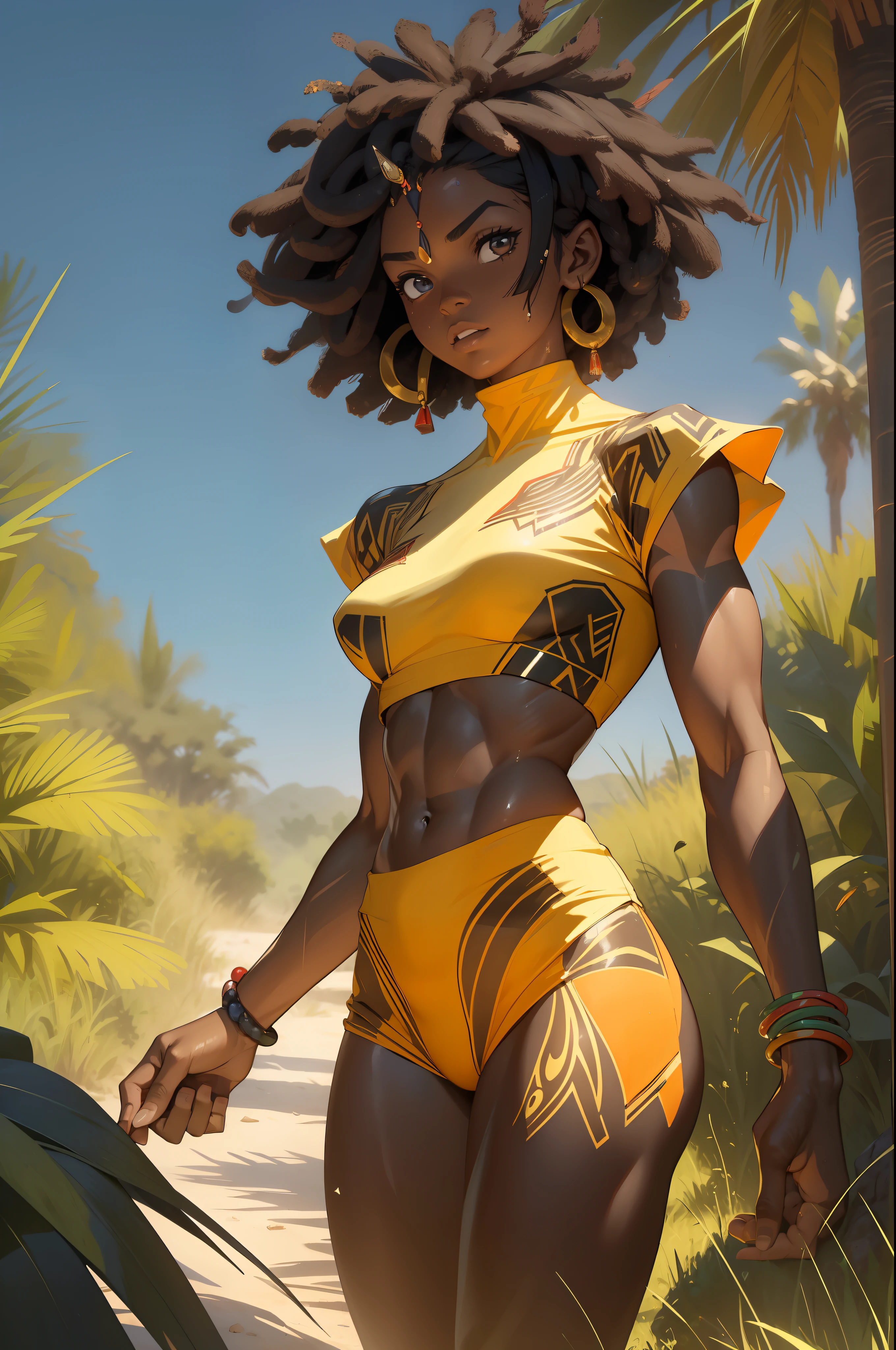 (((absurdists))), (((best quality))), (((masterpiece))), muscular 35-year-old African woman, Zulu warrior, war paintings by body, perfect and proportionate body, black-skinned savanna warrior wearing very few clothes and many necklaces and adornments by the body, tiny bikini made of African beads, holding a spear and walking through the savannah, dry vegetation, lots of heat, she is sweaty and her black skin glows under the scorching African sun