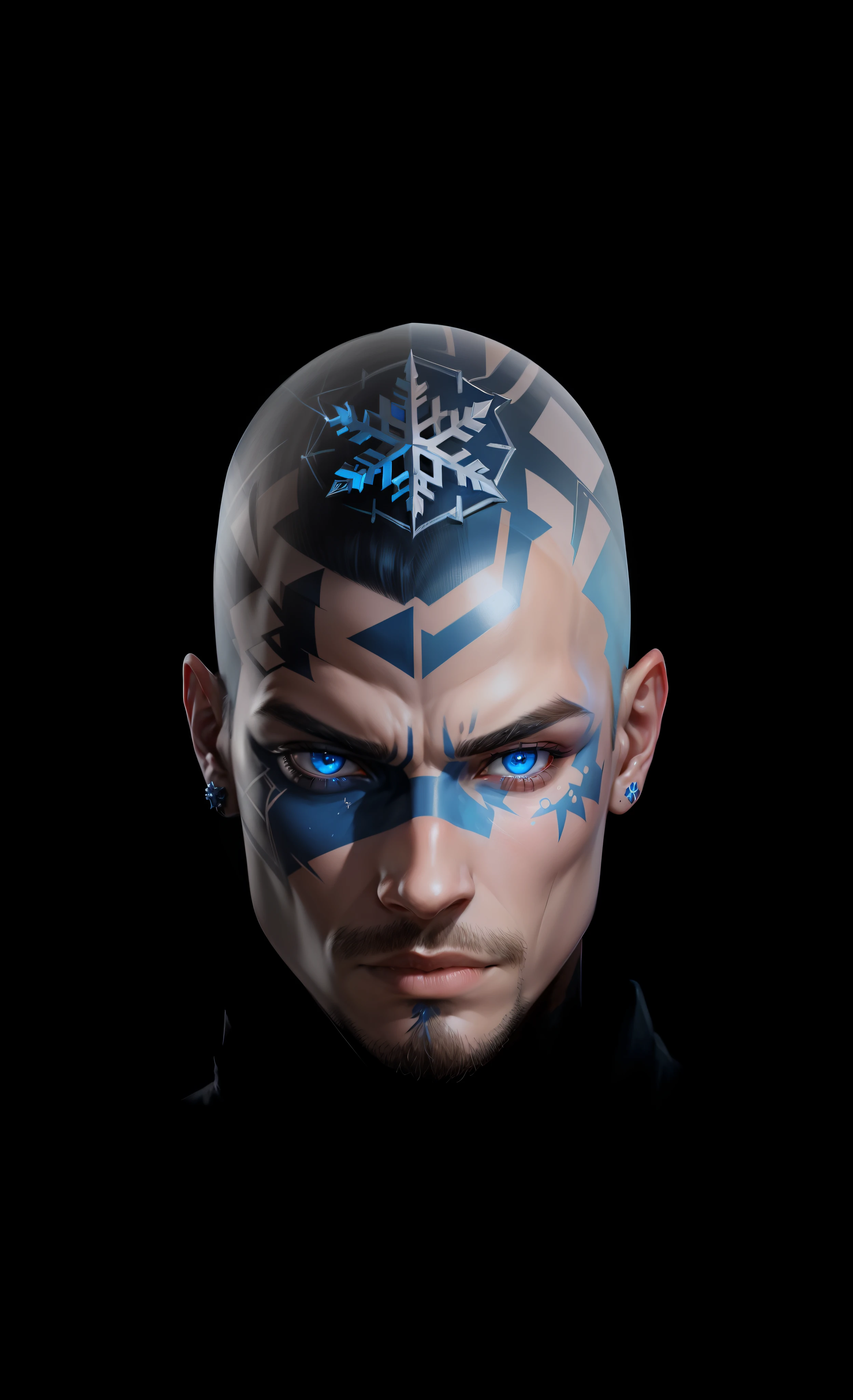 A closeup of a man, 21 years old, ice-colored eyes, with a tattoo on his head representing a snowflake, symmetry!! Cyborg Portrait, Aetherpunk Airbrush Digital Art, Blue Head, Face Tattoo, Well Detailed Head with LED Eyes, Face Tattoos, Epic Full Face Tattoo Portrait, With Facial Tattoo, Tattooed Face, Hyper Realistic Head, Symmetrical Painted Face, Unreal Engine Blue Face, Symmetrical Face --auto --s2