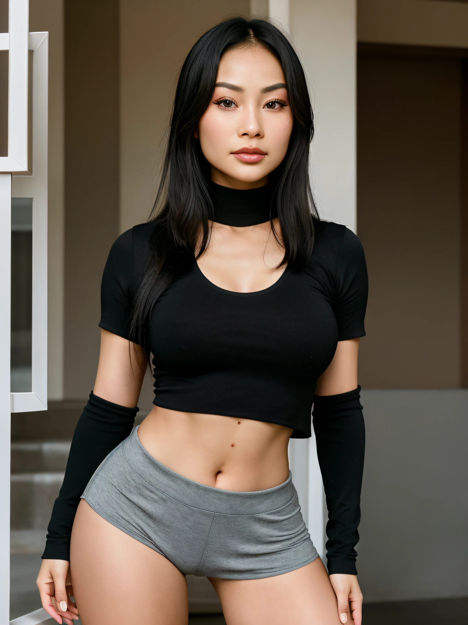 front view, wide angle, full body, a beautiful (Lana Condor), long hair, sweating oily skin, wearing black boots, wearing choker, gorgeous, fit, alluring and hot female, thin and slightly upturned nose, appealing full lips, full lips, strong jawline, eye contact, flirting, appealing, clear facial features, standing pose, hot environment, photorealistic, realistic, best quality, photo-realistic, 8k, raw photo, best quality, masterpiece