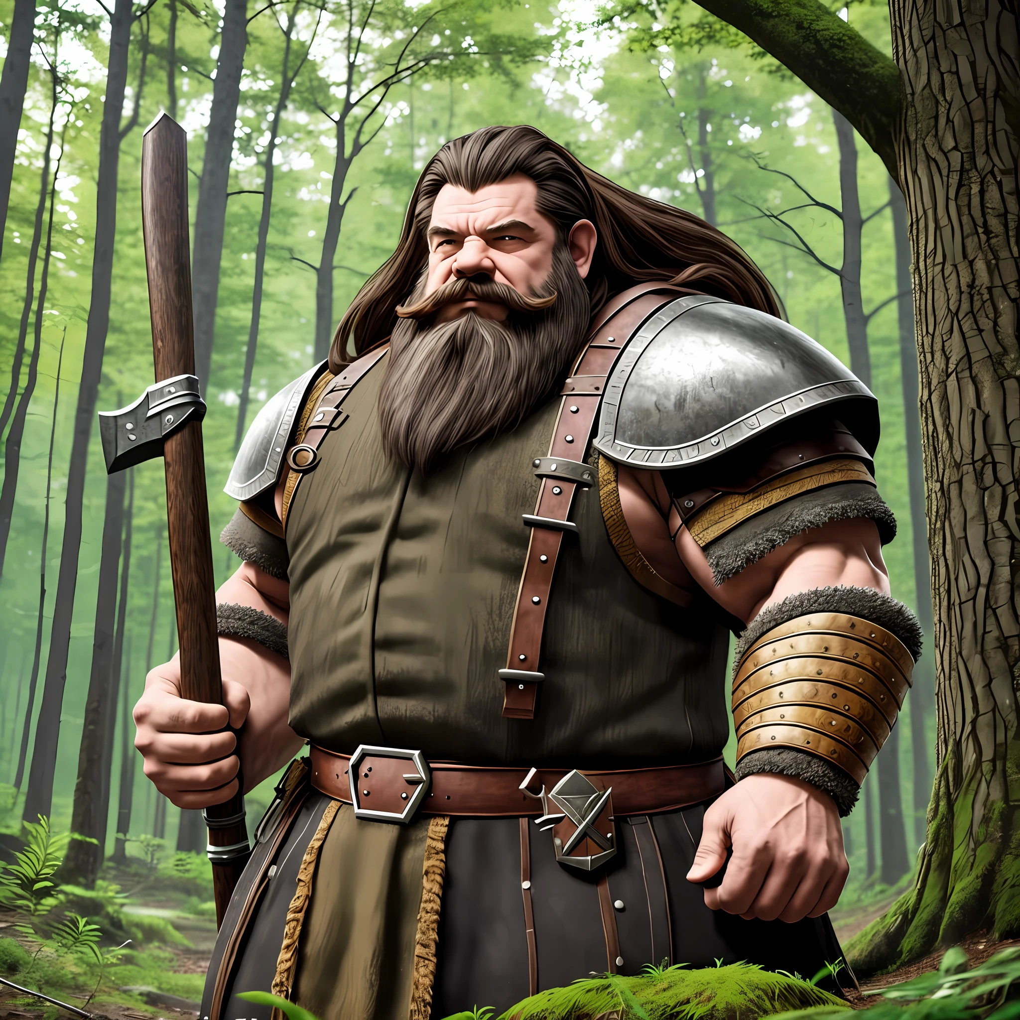dwarf man, big beard, with muscles, heavy armor, holding a heavy axe, in a forest, 8k ultra realistic --auto --s2