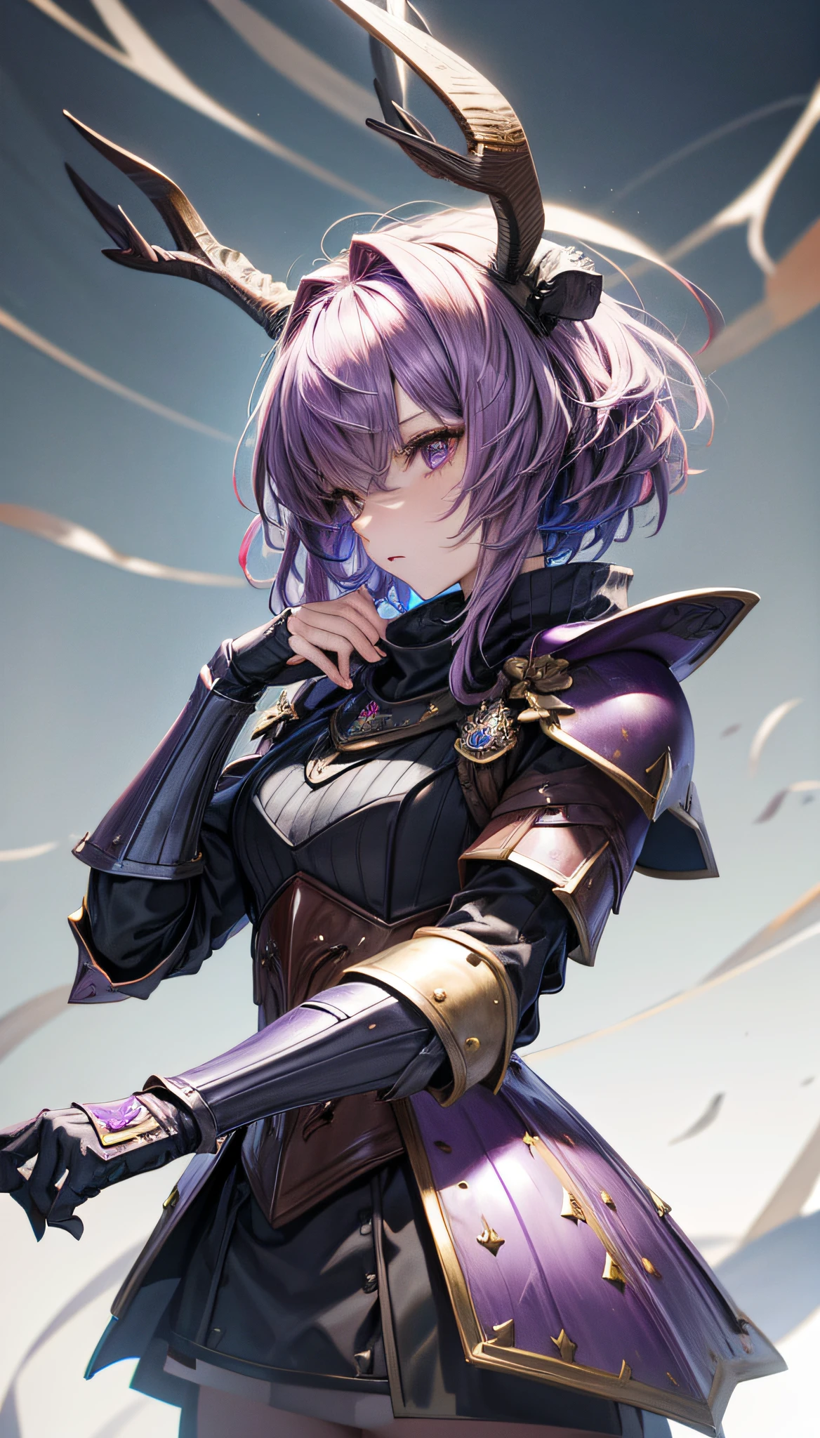 Knight Jackalope, short purple hair, jackalope antlers, dark armor(masterpiece, best quality)