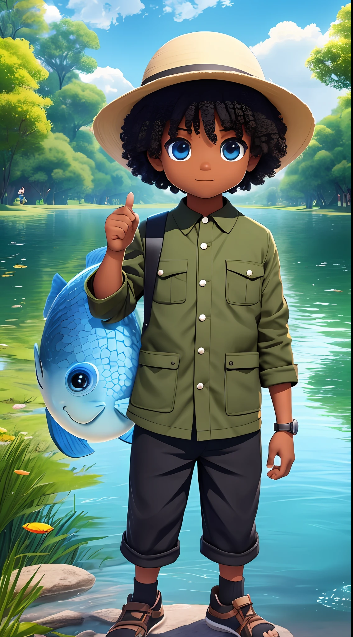 3D chibi a happy cartoon character standing in front of the lake, black boy, ((big fish eyes)), gentle eyes, movie art, clean shot, ghailan!, as a pixar character, handsome child, afro military, (((full body)))), grace and blessing, rendered in unreal, promotional image of the movie, rendered luxury image - --ar 2:3 --auto --s2