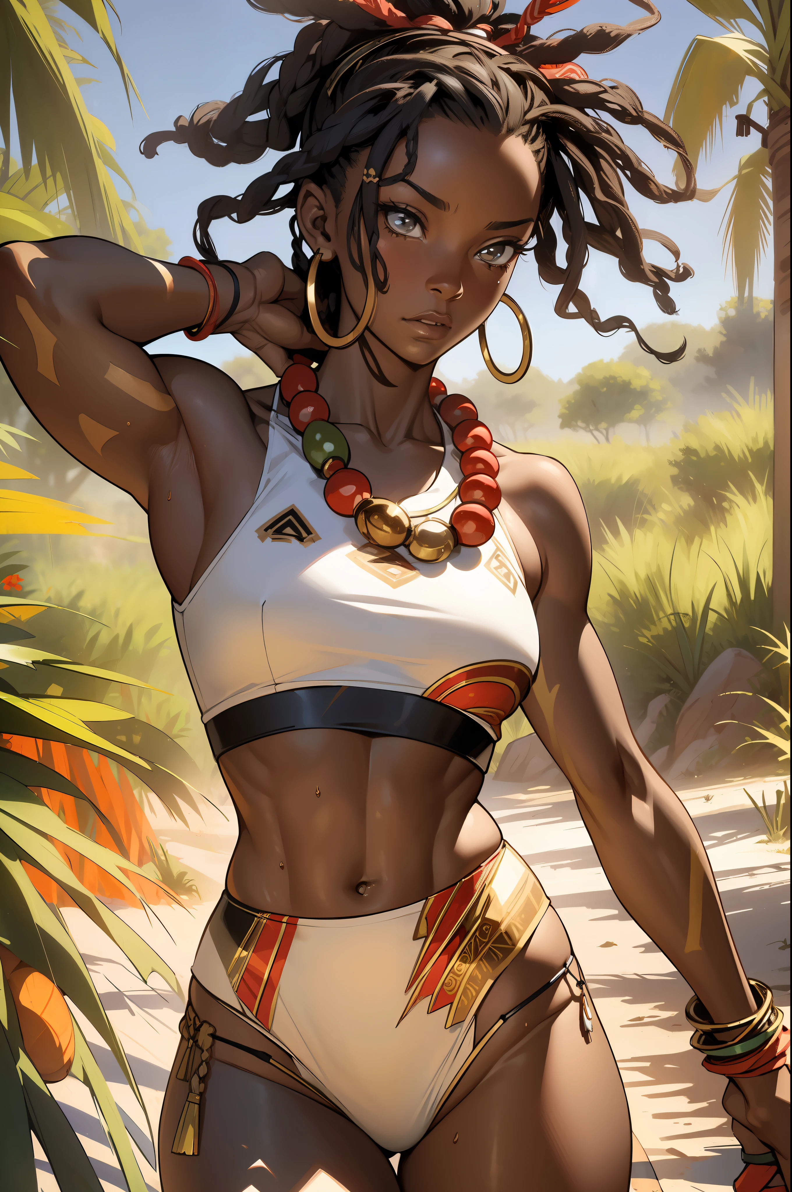 (((absurdists))), (((best quality))), (((masterpiece))), muscular 35-year-old African woman, Zulu warrior, war paintings by body, perfect and proportionate body, black-skinned savanna warrior wearing very few clothes and many necklaces and adornments by the body, tiny bikini made of African beads, holding a spear and walking through the savannah, dry vegetation, lots of heat, she is sweaty and her black skin glows under the scorching African sun