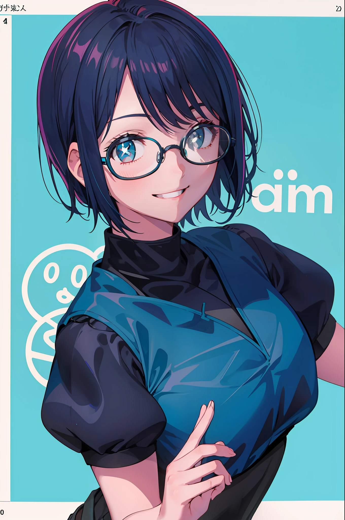 1girl, big rounded glasses, smiling, looking at the camera, short hair, dark-skinned, rounded eyes, cyan blue shirt, black shorts, close up, magazine shot
