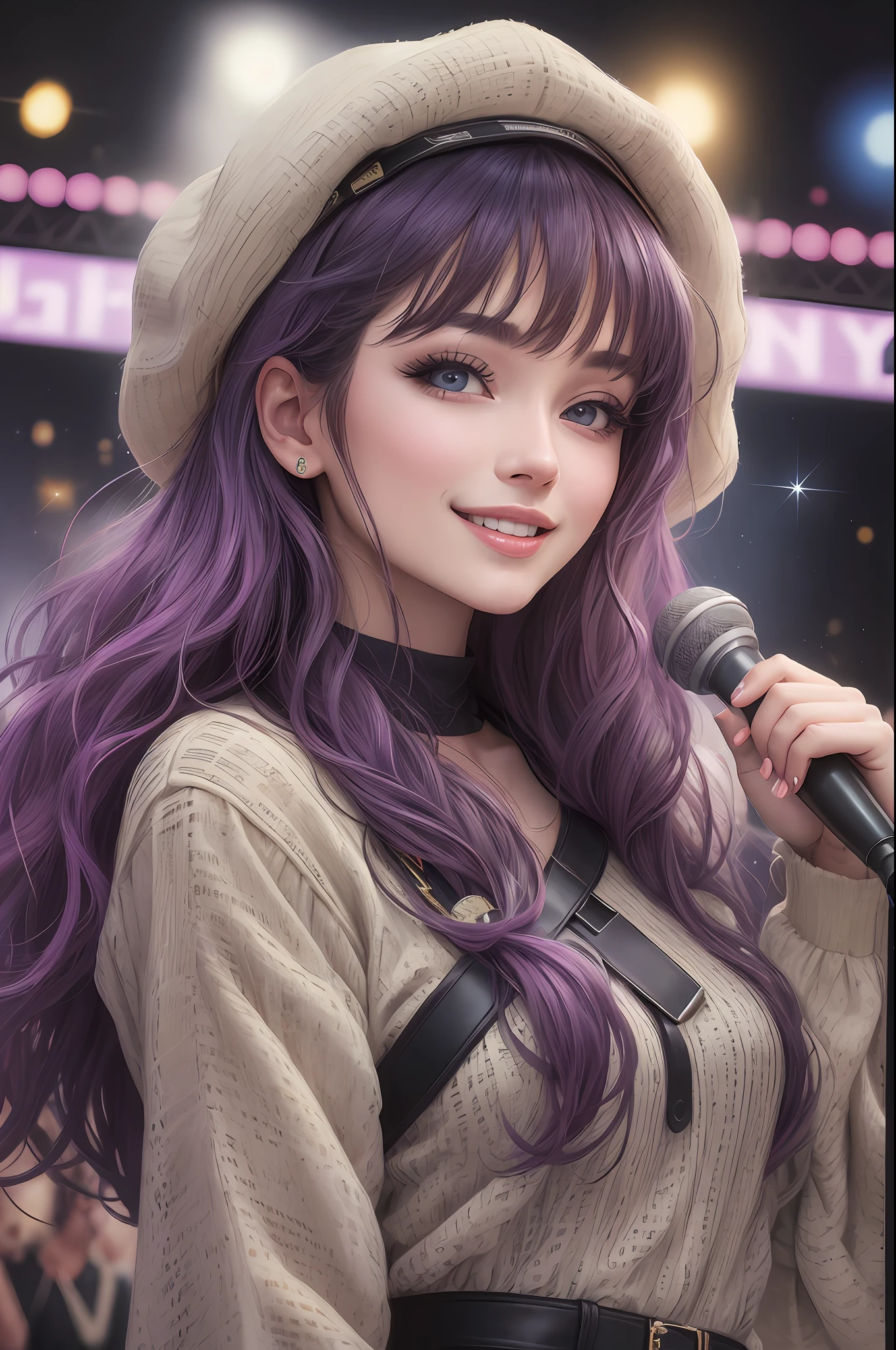 Real, always with idol,colorful plain clothes,fantastic,glamorous,outdoor,safe,sparkle,sparkle,adult,woman,solo,smile,watch viewer,microphone hold,outdoor stage,idol,beauty