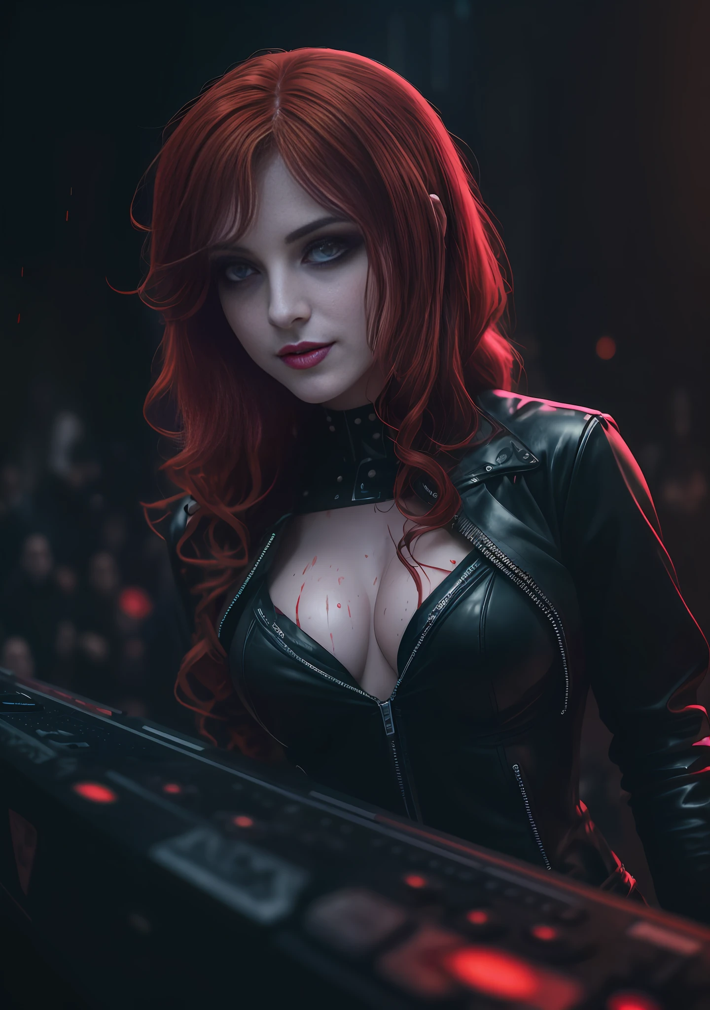 Photo of redhead DJ nun at a rave in leather clothes (soaking wet with a blood), rain, menacing, slate atmosphere, cinematic, faded colors, dark shot, woman with blood running down her face, detailed skin texture, wavy hair, fangs, bokeh background, at night, 1girl, smile, horror theme, manic smile, predatory eyes, ultra realistic, Tim Burton style,  she is in a rave inside a church, sinister, vampires in the background, Fujifilm Fujichrome Provia 100F movie, flashlight, ultra realistic, 8K UHD. --auto --s2