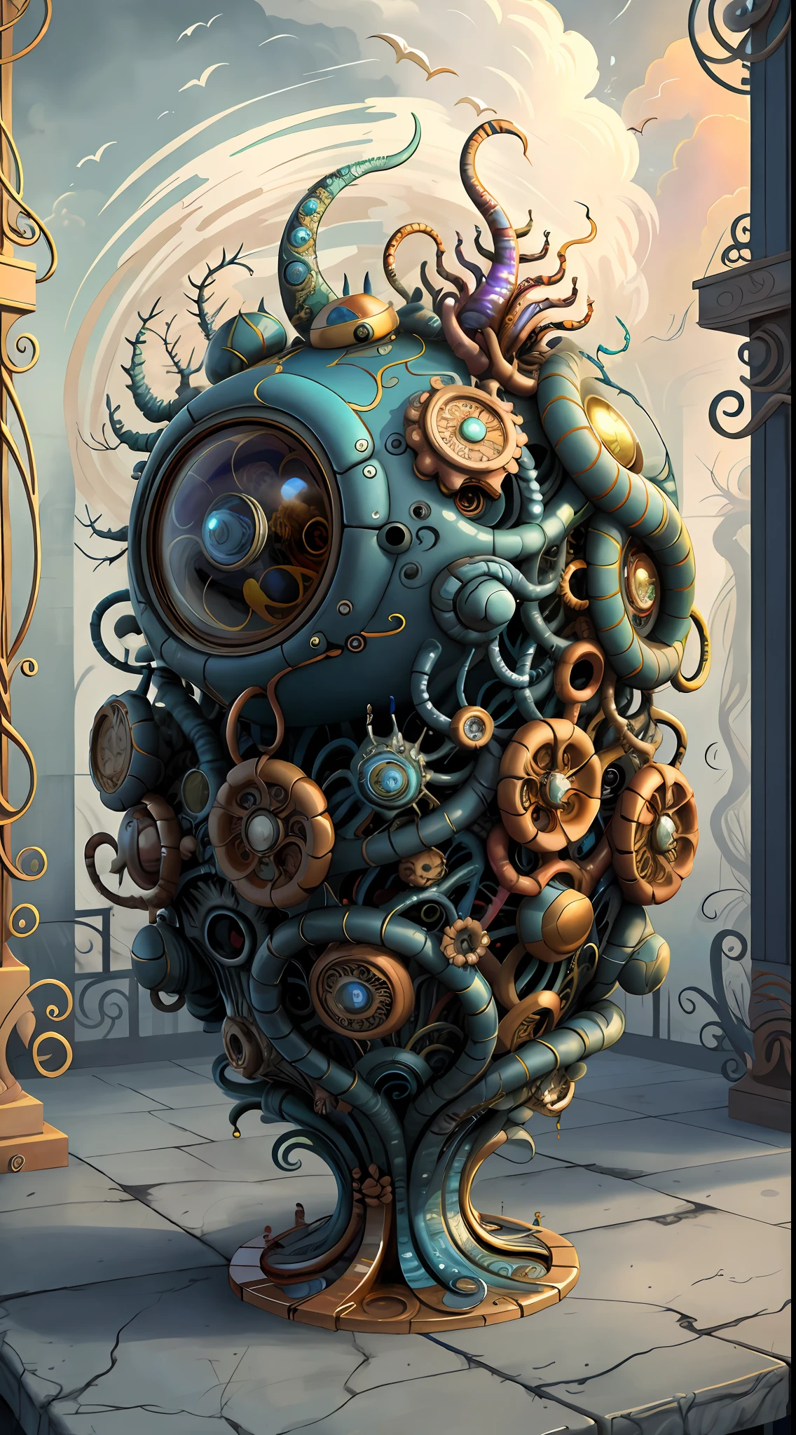 (best quality: 1.4), (masterpiece: 1.2), detailed, complex, high resolution, iridescent colors, A charming and fascinating creature with otherworldly forms that blend the best aspects of the monster human form and the innocent charm of a precocious child, scales, wings, blue, texture, complex, gorgeous, 3D, highly detailed, decorative style, Tim Burton, Dale Chihuly, Bruce Zheng, Cyril Rolando, H. R. Giger $plastic$ Grid: Real Lenoid afremov style, wet, fire