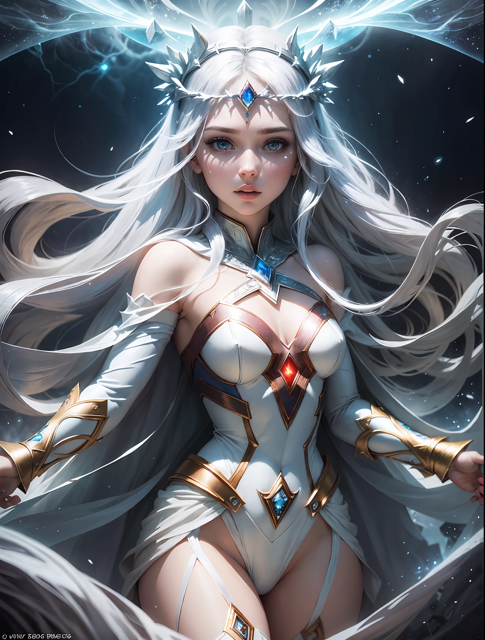 epic photo-portrait of the most beautiful Supergirl, dressed in pure white attire and adorned with gorgeous and surreal intricate details, a glimpse of light in the darkness, hybrid heaven, universe about to collapse, commanding figure, inside of the fortress of solitude --ar 9:16 --s 750 --v 5.1 --q 2 --auto --s2