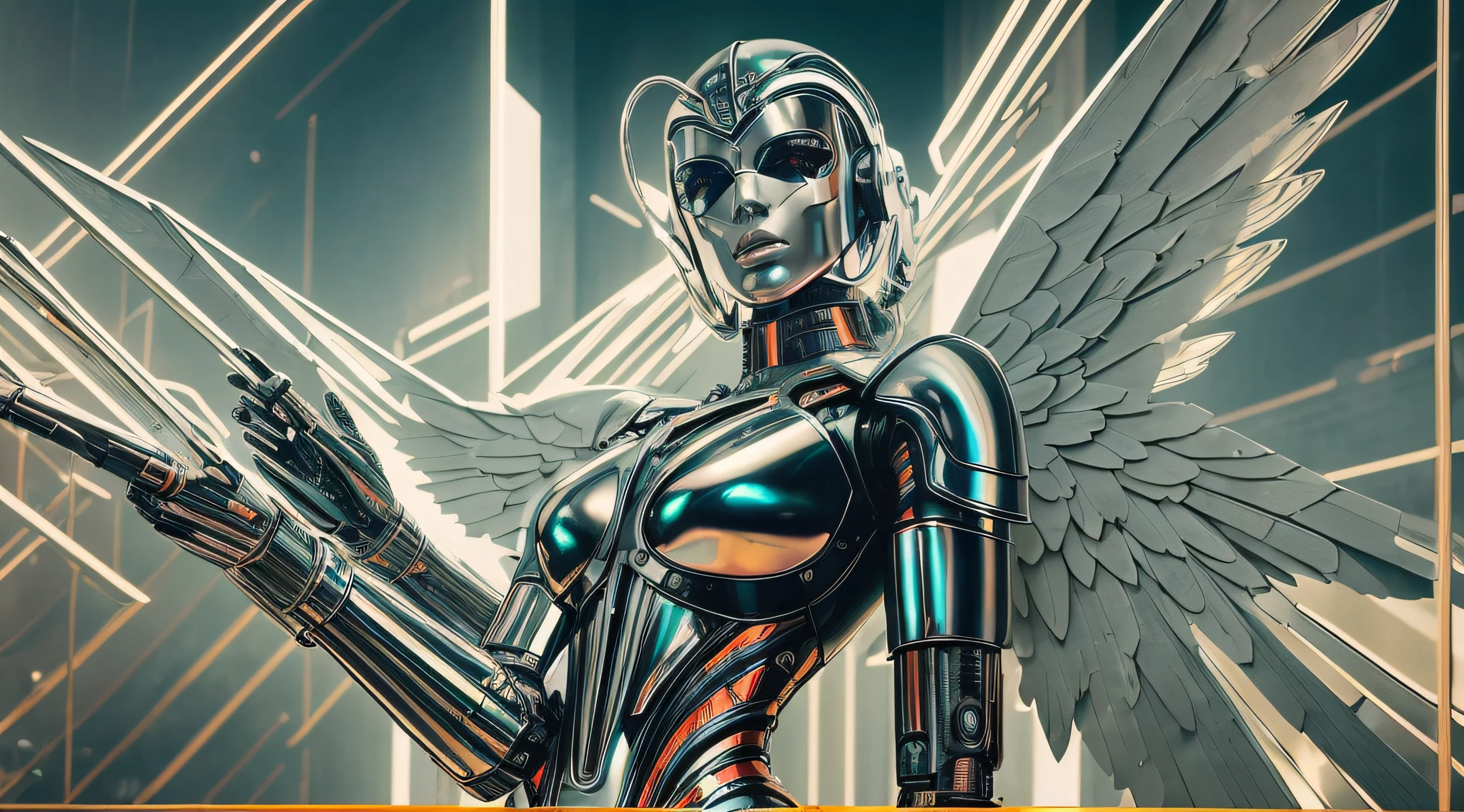 cyborg robotic angel posing menacingly, styled by Gareth Pugh, metallic, iridescent, neon, fashion photography, uhd, photography by Guy Aroch --auto --s2