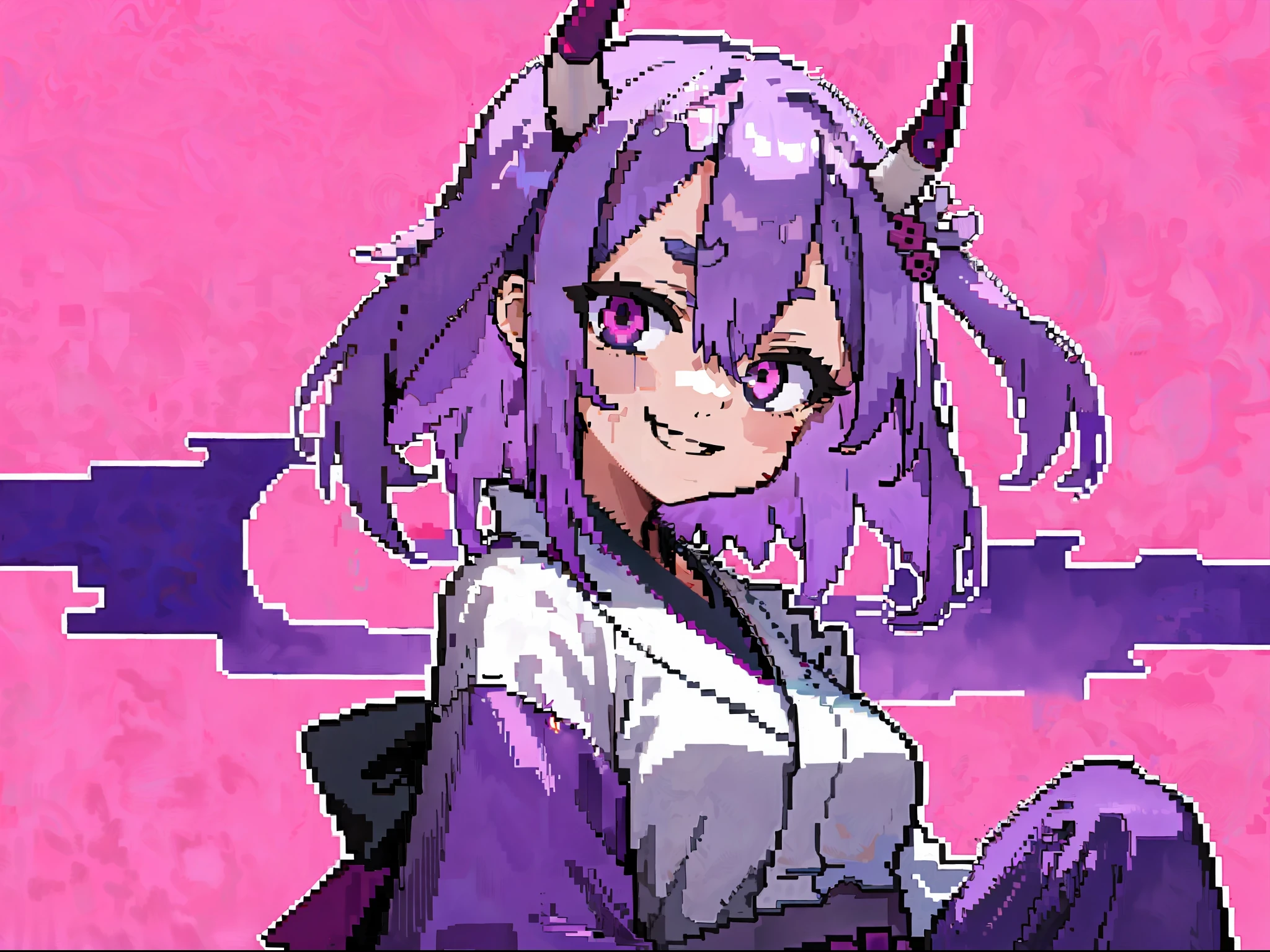 Masterpiece, high quality, HCNONE, pixel art, 1girl, purple hakama, simple pink background, shiny hair, one side up, short hair, hair between eyes, silver hair, japanese oni horns, head tilt, evil smile