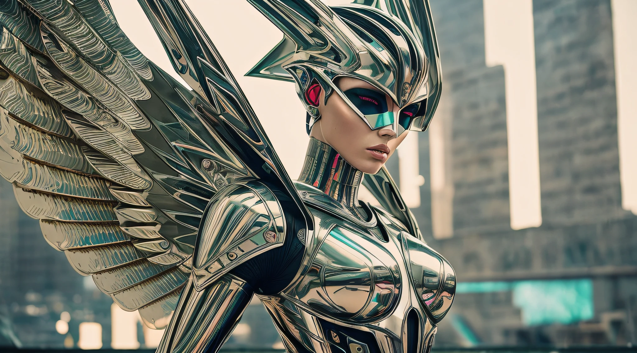 cyborg robotic angel posing menacingly, styled by Gareth Pugh, metallic, iridescent, neon, fashion photography, uhd, photography by Guy Aroch --auto --s2